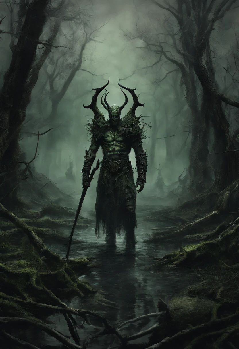 (half-light, twilight, misty swamp forest), (anthropomorphic male draugr walking through a mystical swampy forest at distance, (old rusty double blade battle axe in hand), round shield made of branches, wearing armor made of branches, dark green hair, dark brown skin, green glowing eyes with green smoke emanates and rises up, anthropomorphic face)