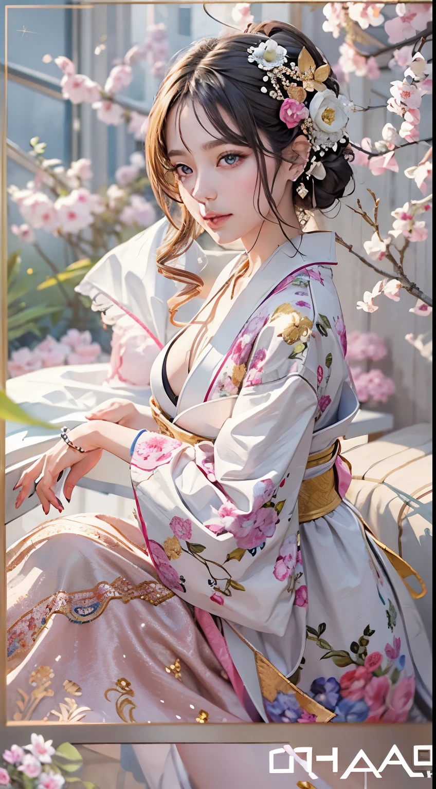 (masterpiece)、(top-quality)、(Realistic)、Charming daughter、Portrait of a beautiful girl、1girl in、Beautiful clear eyes and detailed eyes、Glitter eyes、Shining Ace Perfect、Perfect eyes、Perfect iris、Perfect lips、perfect teeth、flawless skin、Beautiful nose、Beautiful mouth、beautiful lip skin、portrait shooting、Professional artwork、in 8K、Photorealsitic、luxurious embroidery kimono:2、Elegant face、perfect anatomia、Perfect female body:1.4、Ultra-realistic painting:1.4、Ultra-precision painting:1.4、nffsw:1.4、corporate offices、Raw photography、a necklace、耳环、magnifica、Breast size is F cup、finger is five、Dynamic Pose:2、Dynamic angles:2