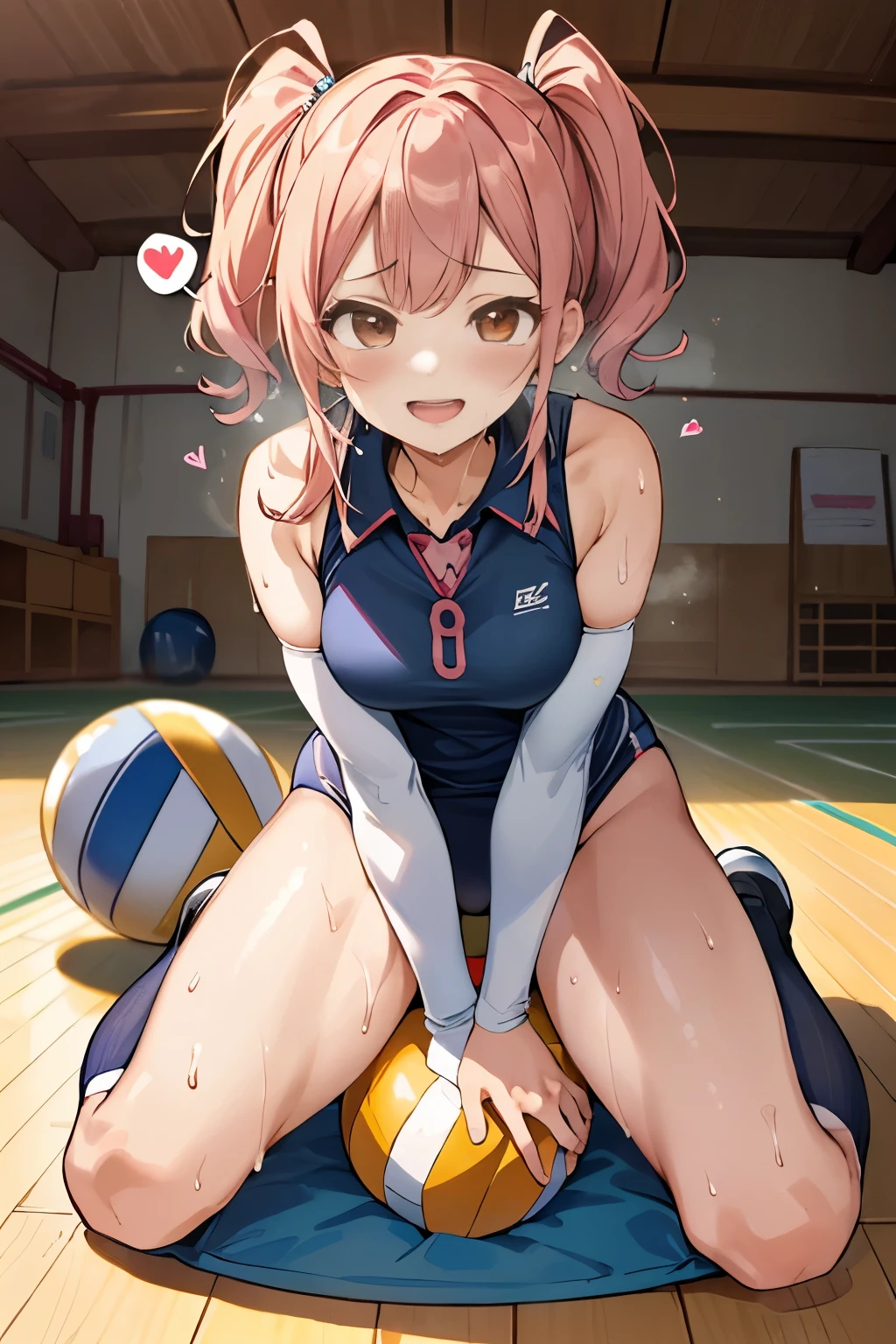 unity 8k wallpaper, anatomically correct, (((masterpiece))), (((best quality))), (((ultra detailed))), (((high-resolution))), ((super fine illustration)), ((Ultimate cutie)), ((perfect hands)), ((perfect finger)), (((good anatomy))), detailed beautiful face, shiny hair, (((gyaru))), (potbelly), (curvy), medium breasts, ((Thick thighs)), (((solo))), ((seductive smile)), (((blush))), (half open mouth),
BREAK, (((sit astride the perfectly spherical shape 6-inch ball))), (((Straddling a perfectly spherical 6" ball))), (((Perfectly spherical 6" ball fits perfectly crotch))), BREAK, (((Rub the Perfectly spherical 6" ball against crotch))),
BREAK, (Collared volleyball uniforms), sleeveless, ((buruma)), ((kneepad)), (elbow pad), (((sweat))), (((covered in sweat))), ((deep breathing)), in Volleyball Court, indoor, lighting, looking at viewer, full body, (spoken heart)