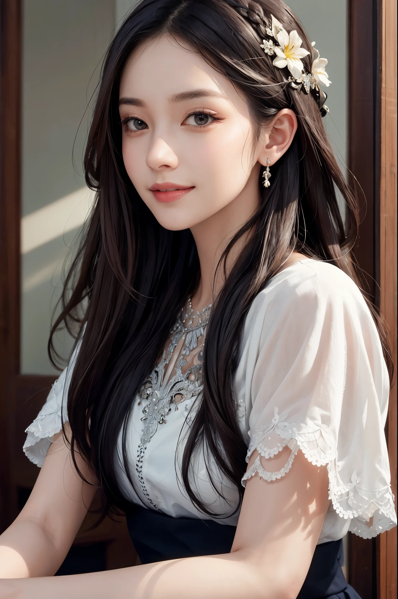 (masterpiece:1.2, best quality), (real picture, intricate details), 1lady, solo, upper body, casual, long hair, minimal makeup, natural fabrics, close-up face, smile, home