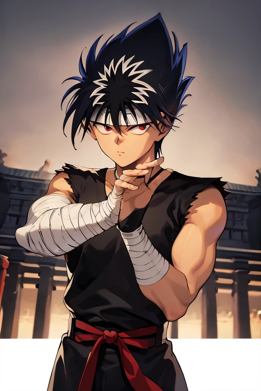 masterpiece, best quality, 1boy, hiei, black hair,  white hair, spiked hair, red eyes, headband, bandages, upper body, sleeveless, torn clothes, solo, martial arts, ancient temple background