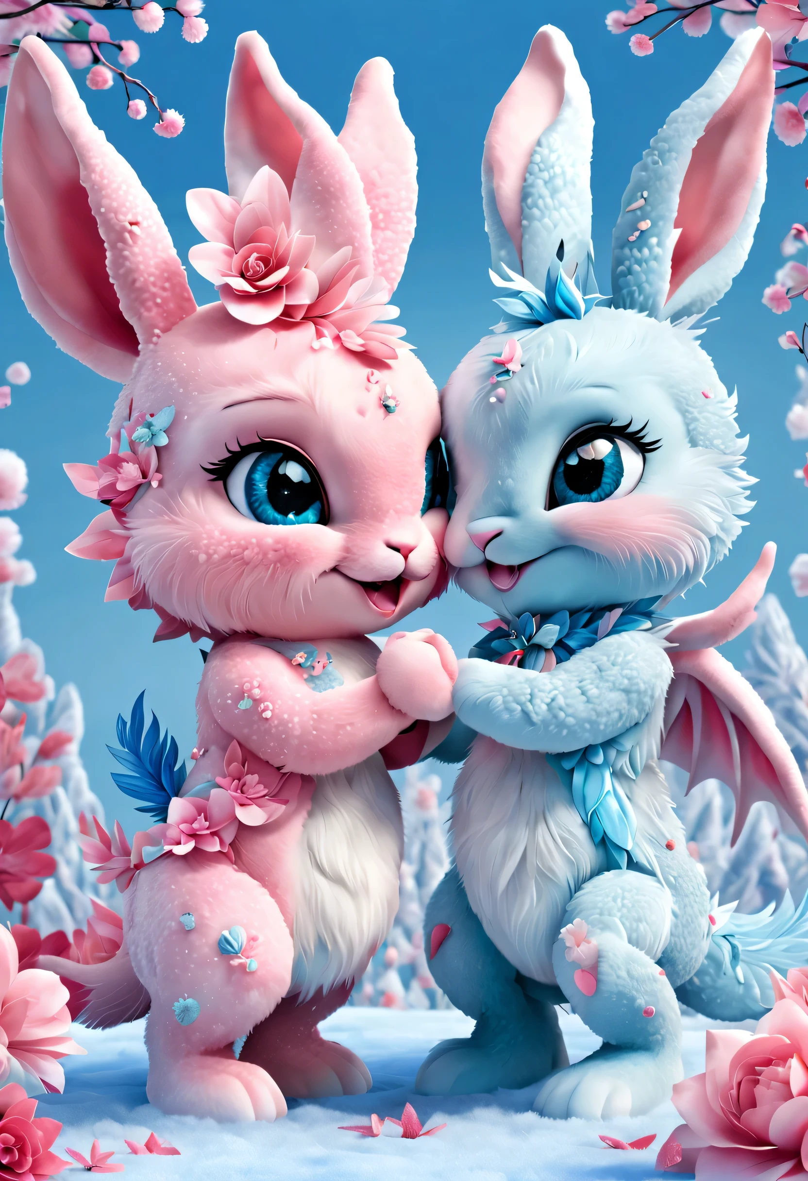 （2024 new year poster design），Pink and blue as main colors， (Cute and playful blue zodiac dragon is shaking hands with pink fluffy bunny）,Wearing beautiful makeup，Long eyelashes，a happy new year，，（2024），a a happy new year，fresh flowers，