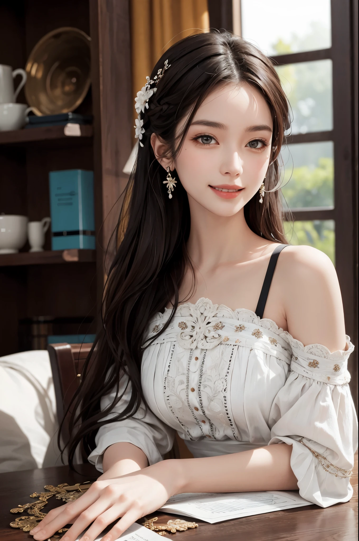 (masterpiece:1.2, best quality), (real picture, intricate details), 1lady, solo, upper body, casual, long hair, minimal makeup, natural fabrics, close-up face, smile, home