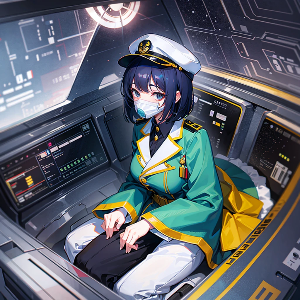 (((masterpiece、Top image quality、top-quality、highly detailed unity 8kwall-paper)))、(Illustration of one woman)、30-years old、(Viceroy)、((Black hair bob cut))、(((Gas mask covering the mouth)))、(((Gas mask covering the mouth)))、Gray eyes、((Tall))、((huge tit))、((Military uniforms))、((Military Cap))、((Military coat))、(white clothes)、(White pants)、(White cap)、trench coat、(((manspreading、Sitting in the captain's seat)))、(((Inside a futuristic spaceship、Surrounded by instruments and monitors、The Universe on the Monitor、Earth seen from space)))
