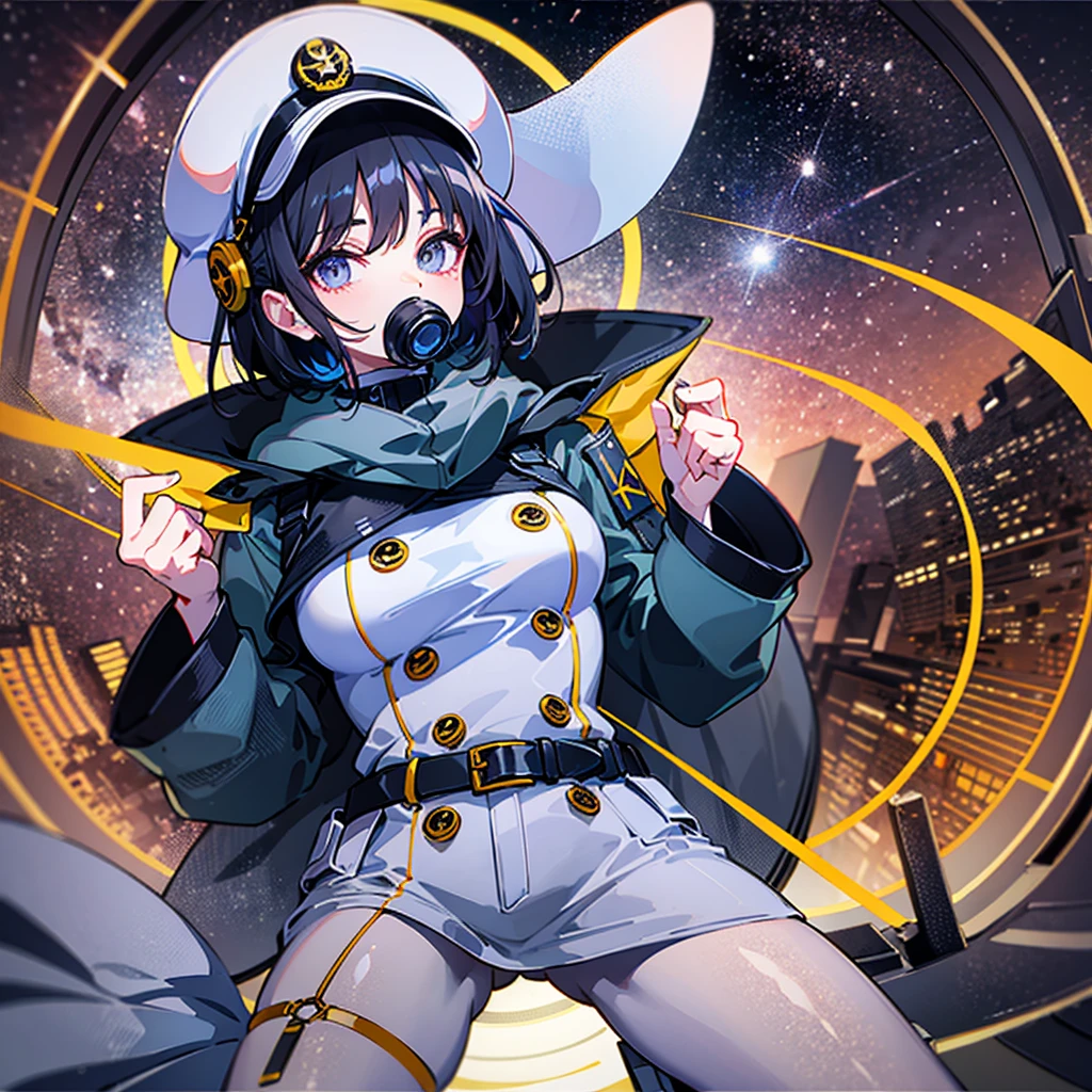 （（（​masterpiece、Top image quality、top-quality、highly detailed unity 8ｋwall-paper）））、（Illustration of one woman）、30-years old、（Viceroy）、（（Black hair bob cut））、（（（Gas mask covering the mouth）））、（（（Gas mask covering the mouth）））、Gray eyes、（（Tall））、（（huge tit））、（（Military uniforms））、（（Military Cap））、（（Military coat））、（white  clothes）、（White pants）、（White cap）、trench coat、（（（manspreading、Sitting in the captain's seat）））、（（（Inside a futuristic spaceship、Surrounded by instruments and monitors、The Universe on the Monitor、Earth seen from space）））