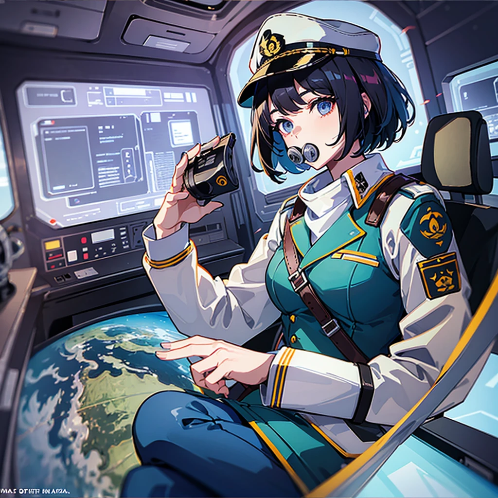 (((masterpiece、Top image quality、top-quality、highly detailed unity 8kwall-paper)))、(Illustration of one woman)、30-years old、(Viceroy)、((Black hair bob cut))、(((Gas mask covering the mouth)))、(((Gas mask covering the mouth)))、Gray eyes、((Tall))、((huge tit))、((Military uniforms))、((Military Cap))、((Military coat))、(white clothes)、(White pants)、(White cap)、trench coat、(((manspreading、Sitting in the captain's seat)))、(((Inside a futuristic spaceship、Surrounded by instruments and monitors、The Universe on the Monitor、Earth seen from space)))