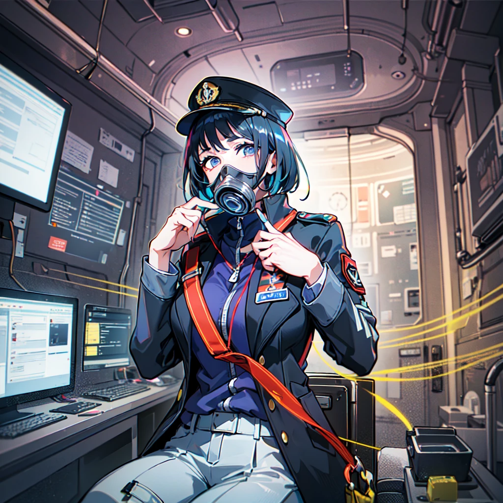(((masterpiece、Highest image quality、highest quality、highly detailed unity 8kwallpaper)))、(Illustration of one woman)、30 years old、(Viceroy)、((Black hair bob cut))、(((Gas mask covering the mouth)))、gray eyes、((tall、big breasts))、((Military uniforms))、((Military Cap))、((military coat))、(white clothes)、(white pants)、(white hat)、trench coat、(((Sitting in the captain's seat)))、(((Inside a futuristic spaceship、Surrounded by instruments and monitors、The Universe on the Monitor、Earth seen from space)))