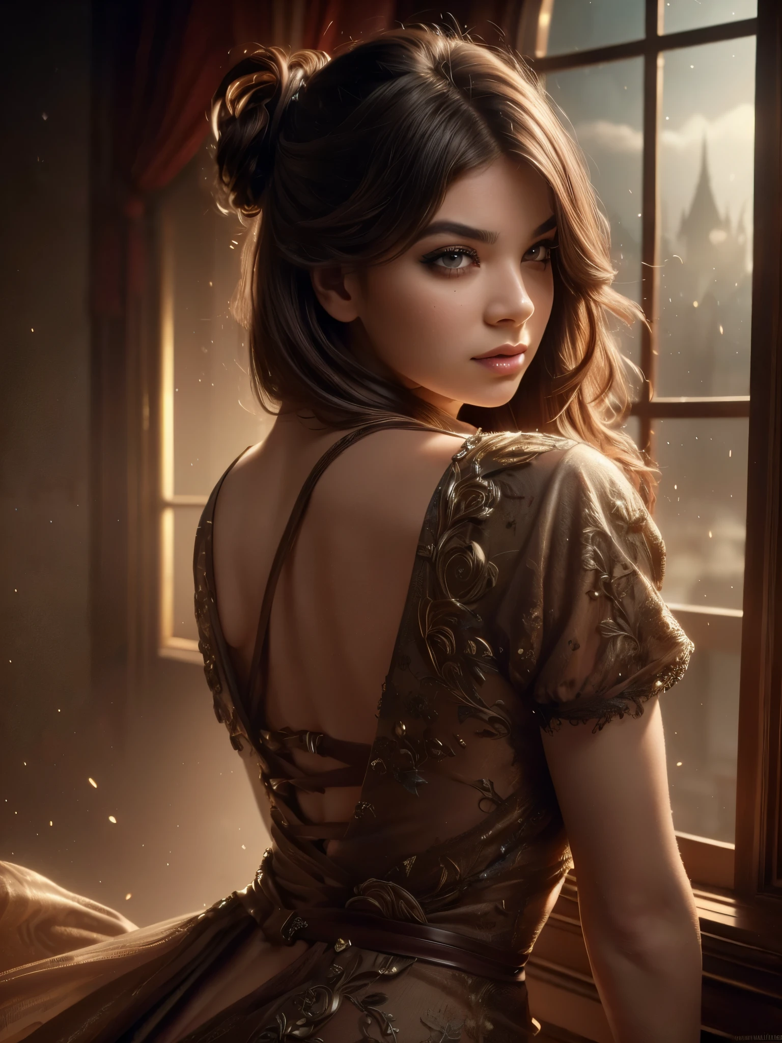 arafed woman with brown hair, brown eyes, bouncing her boobs up and down, (large boobull cleavage, heavy eye liner, ultra realistic, concept art, intricate details, eerie, highly detailed, photorealistic, octane render, 8k, unreal engine. art by Artgerm and Greg Rutkowski and Alphonse Mucha, silk dress, long wavy brown hair, realistic, ultra detailed, perfect eyes, realistic eye (brown eyes:1.3), sedutive, sexy, gorgeous scenery lighting, looking over her shoulder at the viewer,