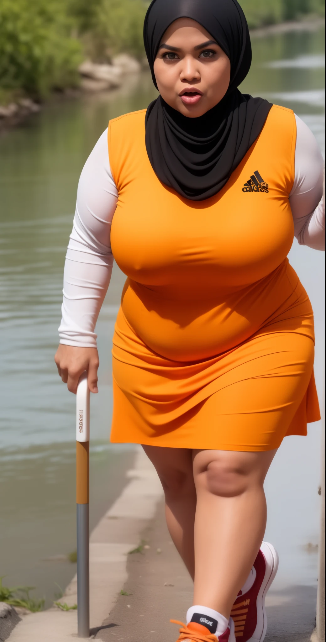 ((HIJAB MALAY GIRL)), ((BBW)), SHORTS, HUGE WIDE BUTT, WIDE BUTT, 63 YEAR OLD METURE women's, METURE women's, (ORANGE LIPS), (ADIDAS SNEAKERS), (TIGH SKIRT), walking in style on a Village river, (ANGRY FACE EXPRESSION), TRANSPARENT, STAYING, THICK FOG. FOGGING, (ANGRY FACE EXPRESSION), MINI SKIRT.