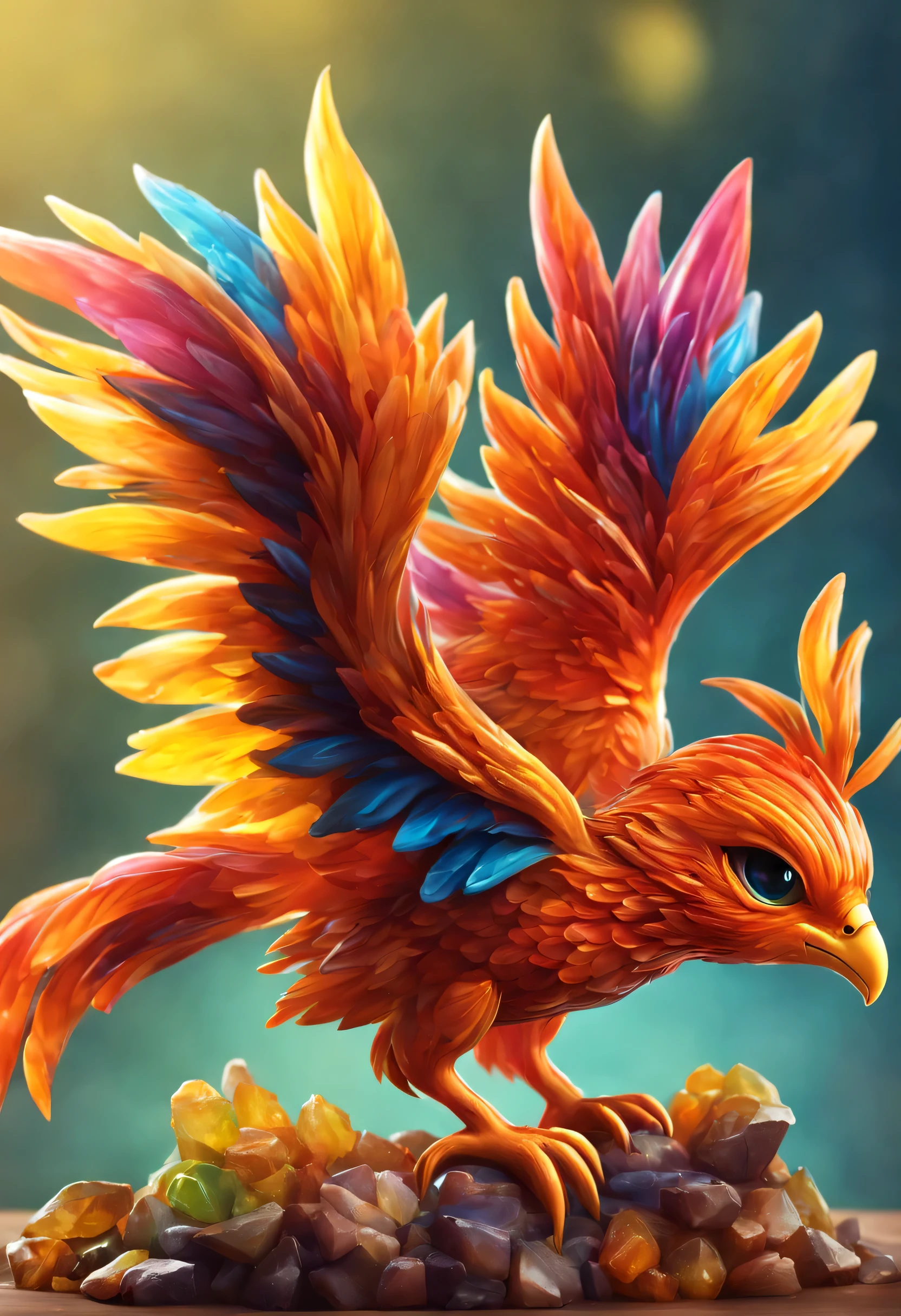 With realistic eyes and bright different colors、gorgeous little surreal phoenix, Chibi, Adorable and cute, Logo Design, cartoon, cinematic lighting effect, Charming, 3D vector art, Cute and quirky, Fantasy Art, Bokeh, handdraw, Digital Painting, Soft lighting, isometric style, 4K resolution, photo realistic render, highly detailed cleaning, Vector image, photo-realistic Masterpiece, Professional Photography, simple space scenery, isometric, Lively vectors