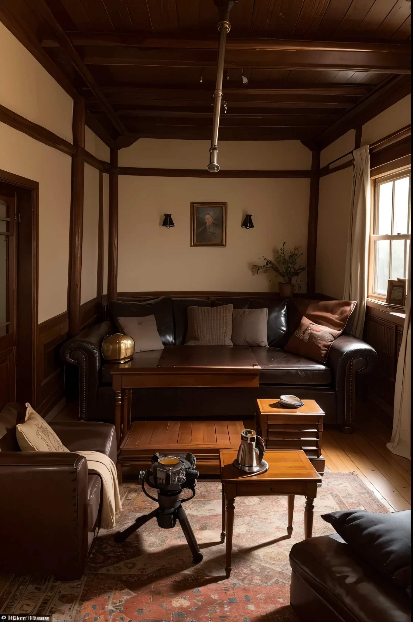 interior scenes，stargazing observatory，There is a telescope on the middle table，Put some sofas around