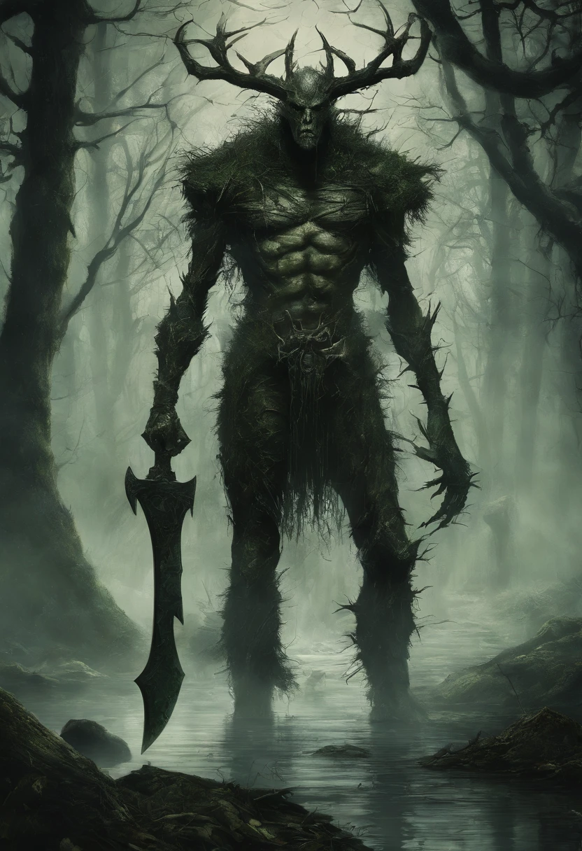 (half-light, twilight, misty swamp forest), (anthropomorphic male draugr walking through a mystical swampy forest at distance, (old rusty double blade axe in hand), round shield made of branches, wearing armor made of branches, dark green hair, dark brown skin, green glowing eyes with green smoke emanates and rises up, anthropomorphic face)