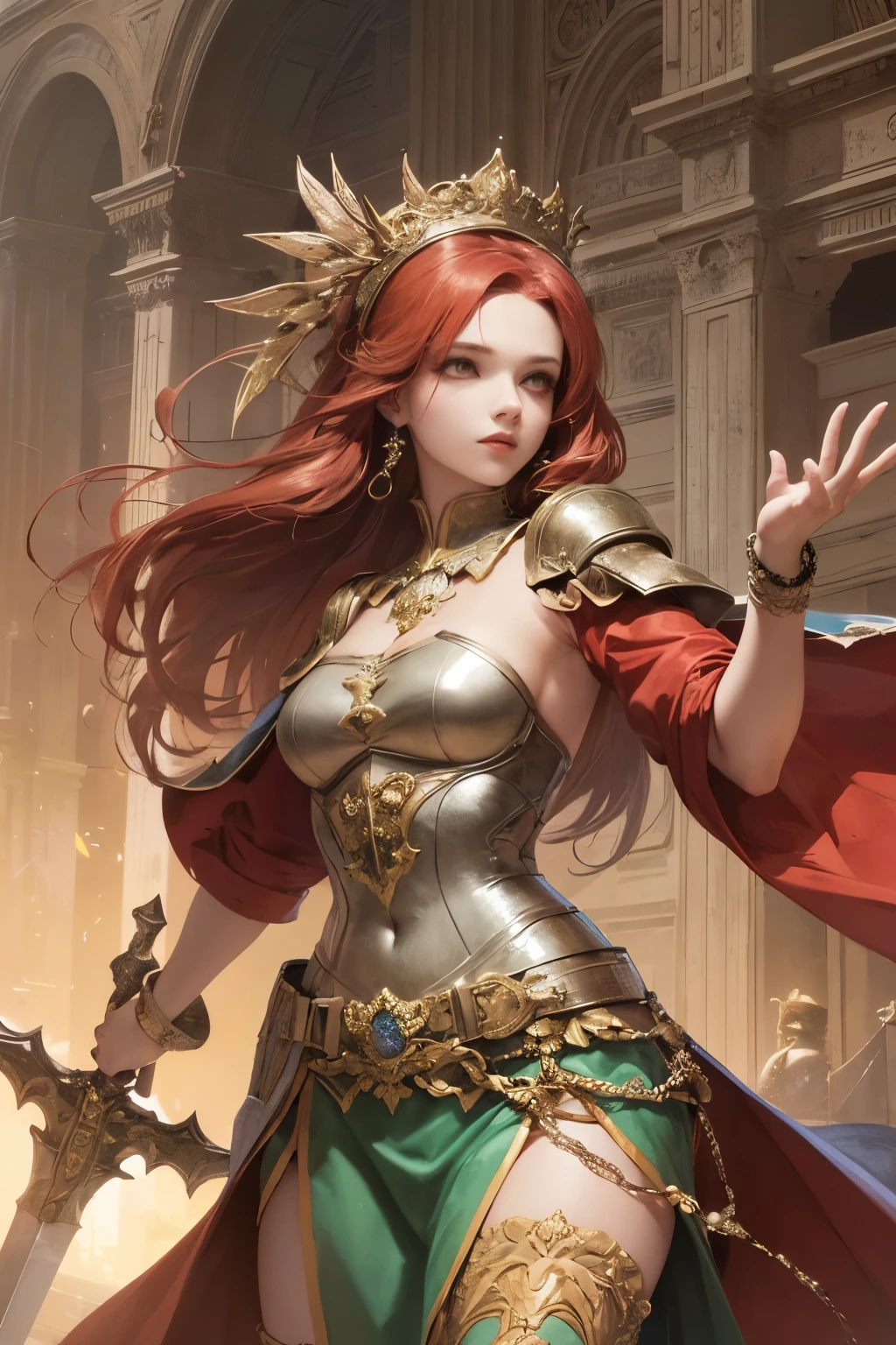 1 woman, aristocratic, noble, star, warrior, medieval, cool armor, fantasy,holding a large sword, magnificent, rendom hair, red hair, random pose, full body 4 angles,character sheet, 2d style anime --auto --s2