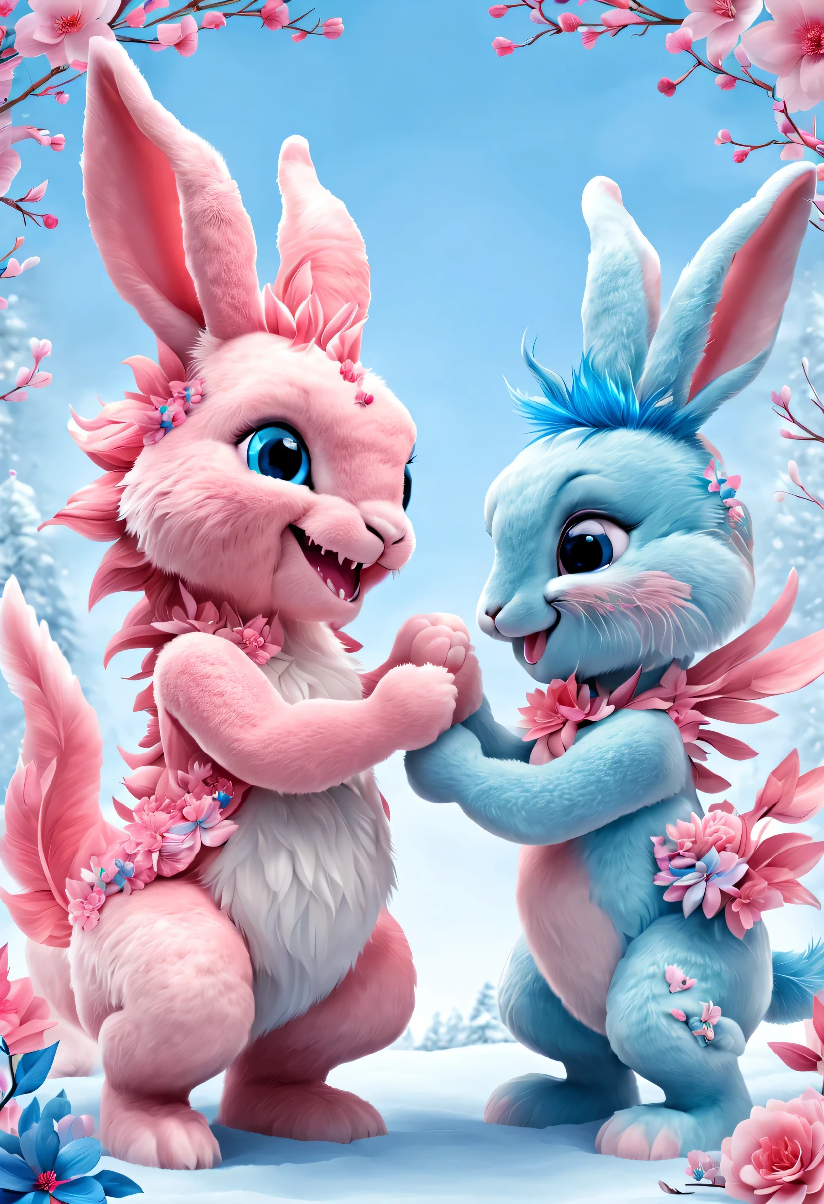 (2024 new year poster design),Pink and blue as main colors, (Cute and playful blue zodiac dragon is shaking hands with pink fluffy bunny),Wearing beautiful makeup,Long eyelashes,a happy new year,,(2024),a a happy new year,fresh flowers,