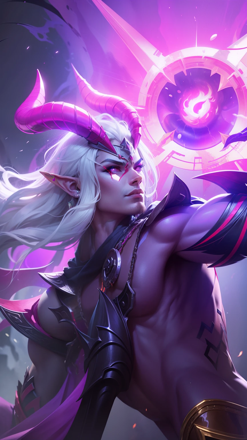 Boy with two big horns, big earrings on ears, elf ear, red eyes, Thick eyebrows, evil, grinning,red body, red face, Burning skin, yellow diamonds glistening on chest, burning red skin,golden robe behind, big white belt , 8k , realistic, scary, close-up of a person wearing a gold costume with a spear, inspired by Alpha Crimson Warrior, mobile legends splash art, fuchsia skin under armor, official splash art, shaco from mobile legends, mobile legends style, splash art, mobile legends splash art legend, iconic character splash art