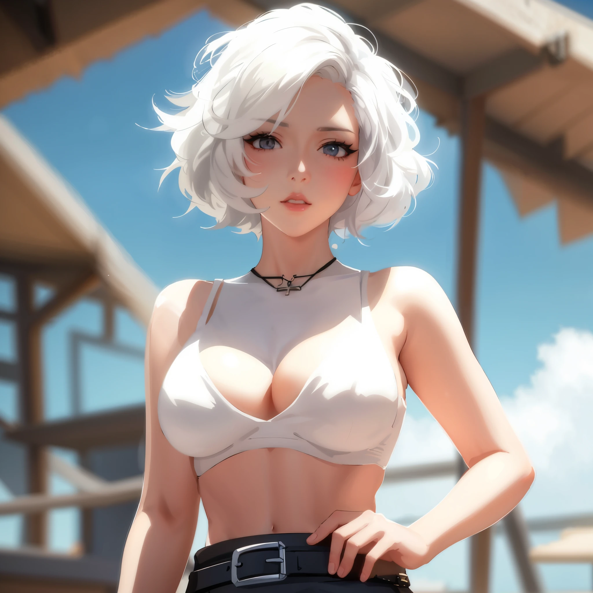 a close up of a woman in a white top and black pants, girl with short white hair, Guweiz style artwork, digital anime art, Digital anime illustration, perfect white hair girl, style of anime. 8K, Girl with white hair, style of anime 4 k, realistic anime 3D style, style of animed digital art, guweiz