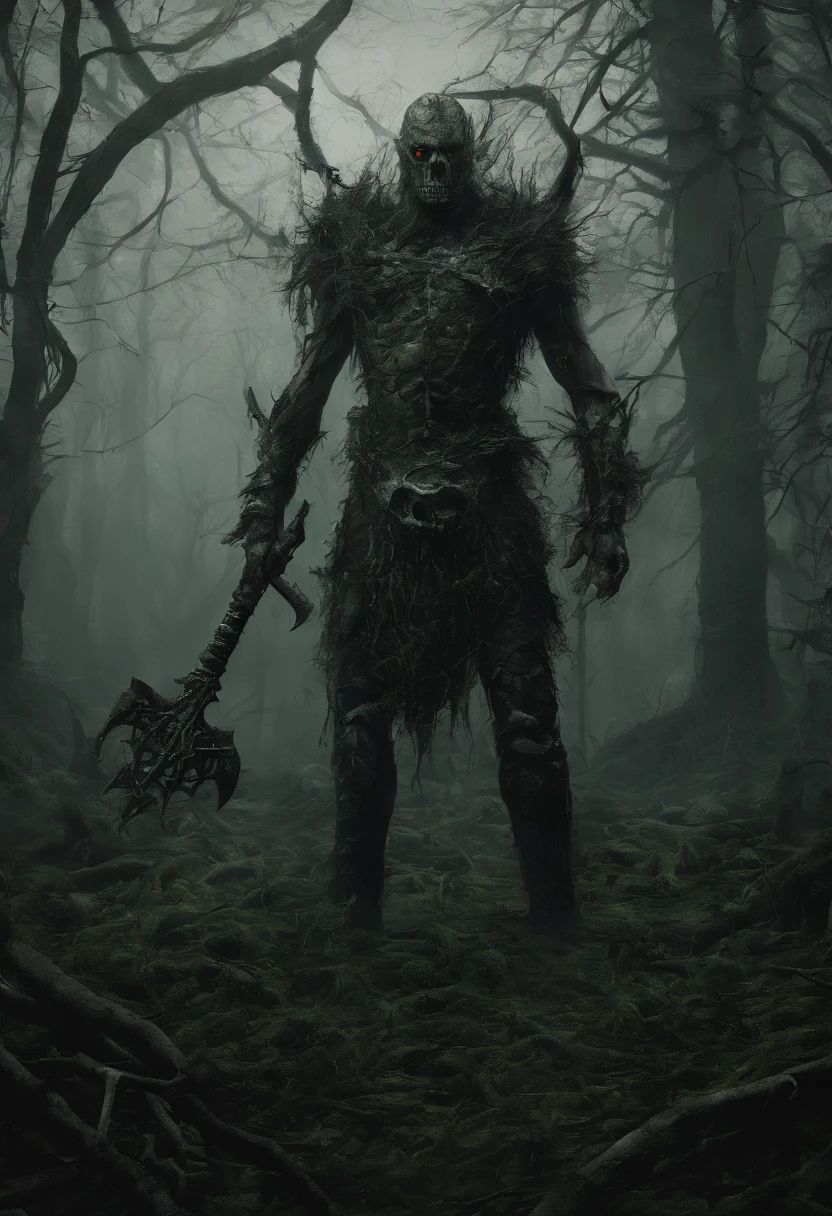 (half-light, twilight, misty swamp forest), (anthropomorphic male draugr walking through a mystical swampy forest at distance, (old rusty battle axe in hand), round shield made of branches, wearing armor made of branches, dark green hair, dark brown skin, green glowing eyes with green smoke emanates and rises up, anthropomorphic face)