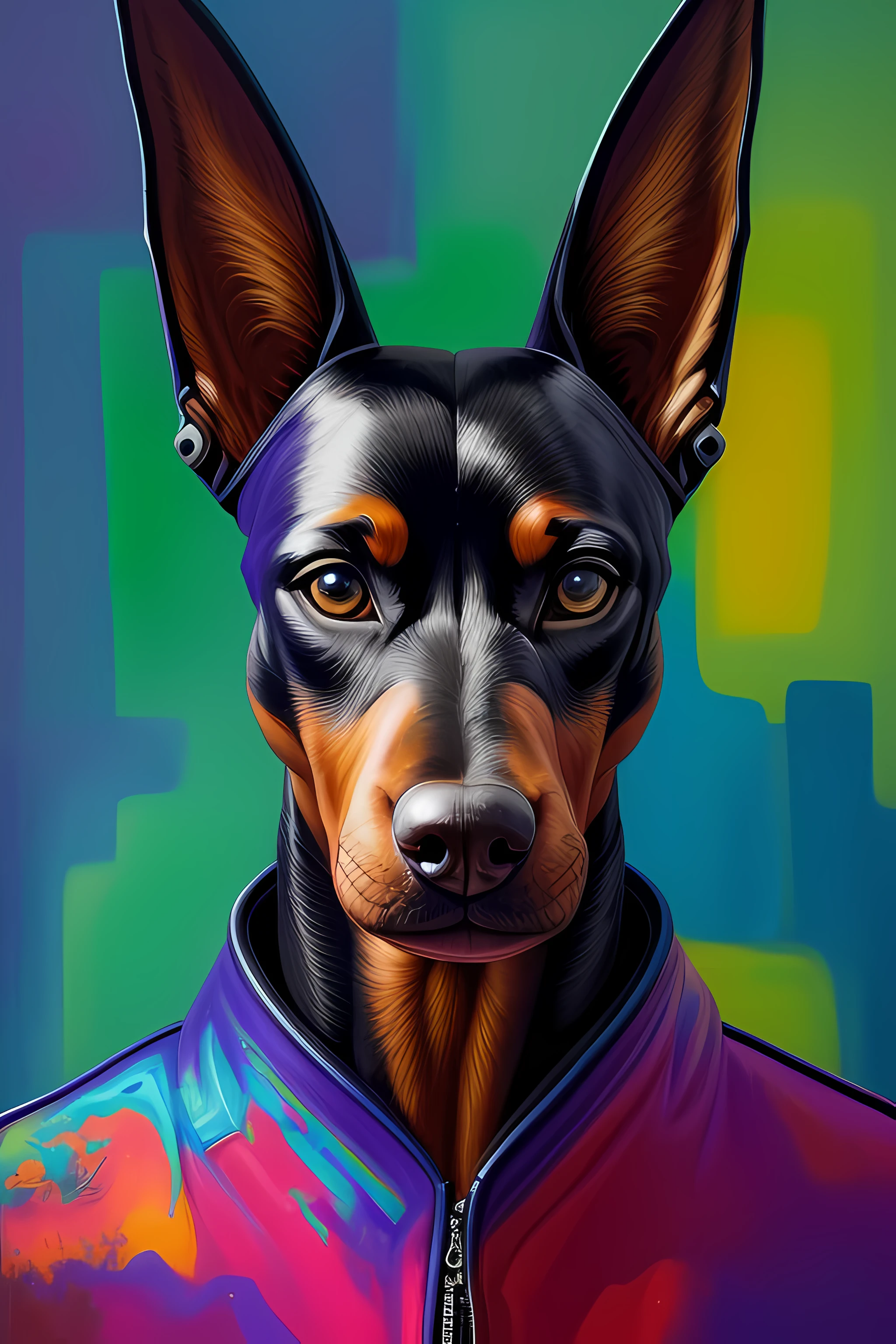 (samdoesarts:1.3), nvinkpunk, articules, horrifying techno-organic mutation (dobermann), portrait, backlighting, abstract, painting, painted by famous artist, ethereal, liquid, abstract, masterpiece, highly detailed, best quality, highest quality, realistic lighting, hyperdetailed, hyperrealism, colors, colorful, social clothing