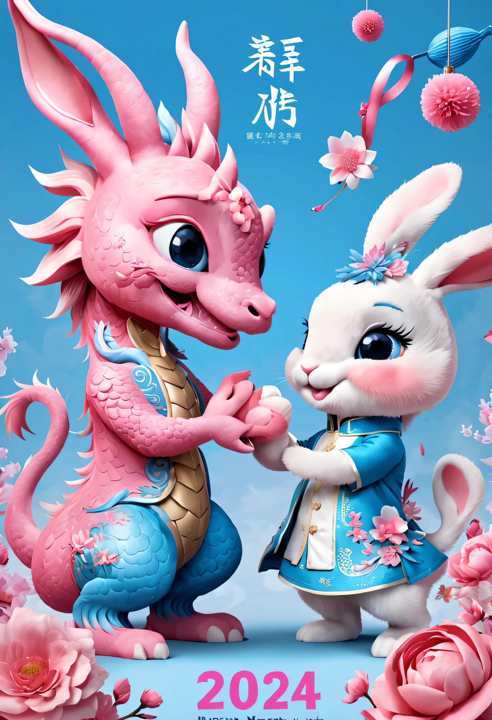 （2024 new year poster design），Pink and blue as main colors， (Cute and playful blue zodiac dragon shaking hands with pink rabbit）,Wearing beautiful makeup，Long eyelashes，a happy new year，（2024）， a happy new year，fresh flowers，