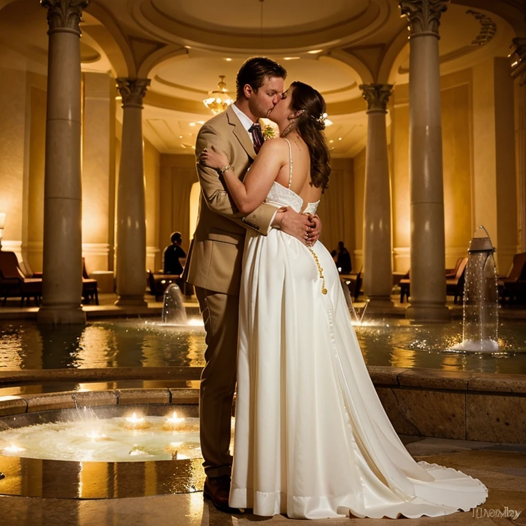 Cuckold chubby white hotwife, brown hair, white bikini, wedding veil, golden necklace, tall man, romantic,man hugging her forma behind, hotel fountain, illustrations, ultra-detailed, realistic, vivid colors, full body picture, warm tones, soft lighting