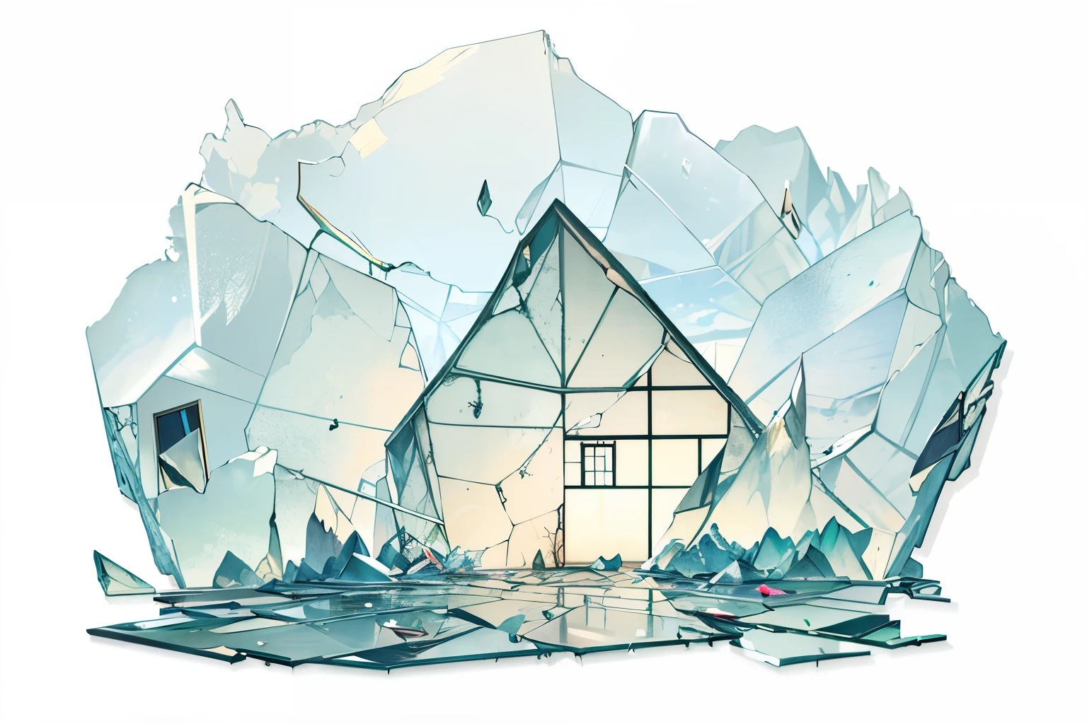 There is a photo of a house in a plastic bag, Breaking the glass through reality, See through broken glass, crystal room, glass Broken, Broken玻璃 ( ( Sun broken glass, Broken windows, cracked windows, Broken玻璃, Broken, promotional images, Glass shards, Broken玻璃, Photo of broken glass