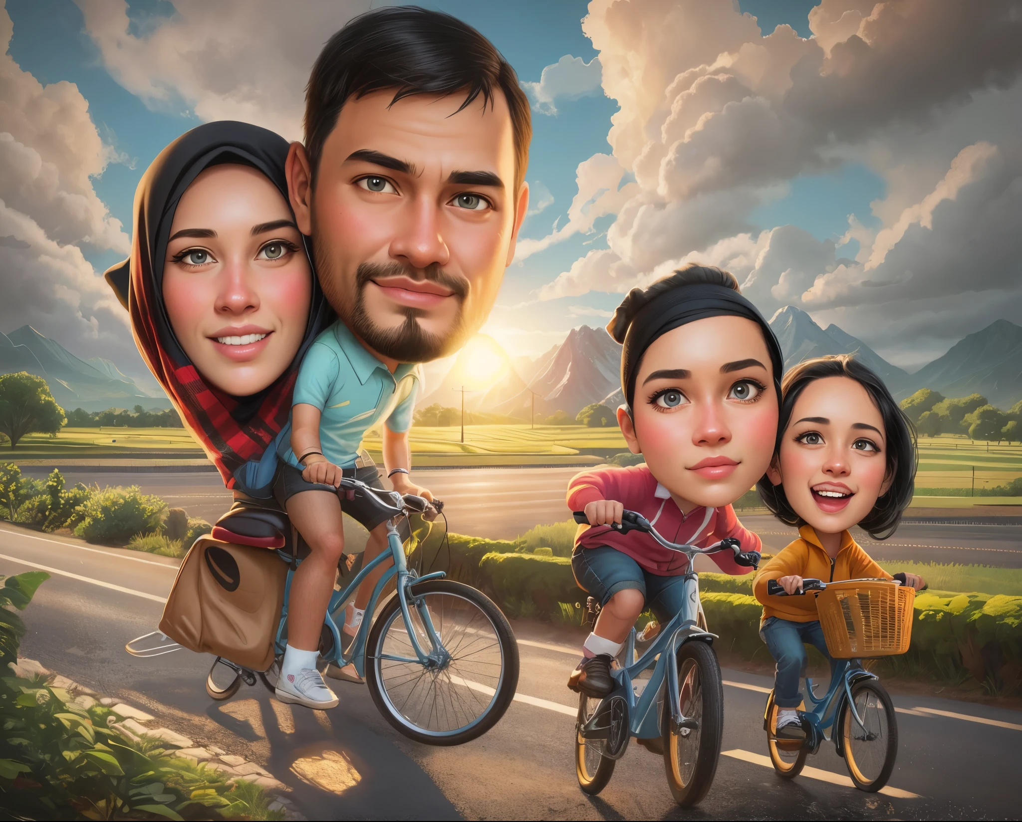 cartoon caricature of a couple riding a bicycle on a country road, The woman in the back is wearing a hijab, Man wearing cloth pants, black hair,, caricature illustration, digital art cartoon, cartoon digital art, caricature!!!, cartoon digital painting, caricature style, realism artstyle, caricature, digital cartoon painting art, cartoon art, cartoon art style, in cartoon style, photorealistic!!!!!!! art style, potrait, cartoon style illustration, 3d, realistic, hipperrealism, detail, 8k
