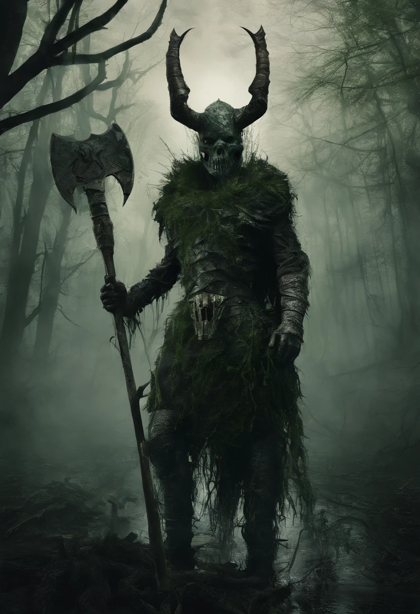 (half-light, twilight, misty swamp forest), (anthropomorphic male draugr walking through a mystical swampy forest at distance, (old rusty battle axe in hand), round shield made of branches, wearing armor made of branches, dark green hair, dark brown skin, green glowing eyes with green smoke emanates and rises up, anthropomorphic face)