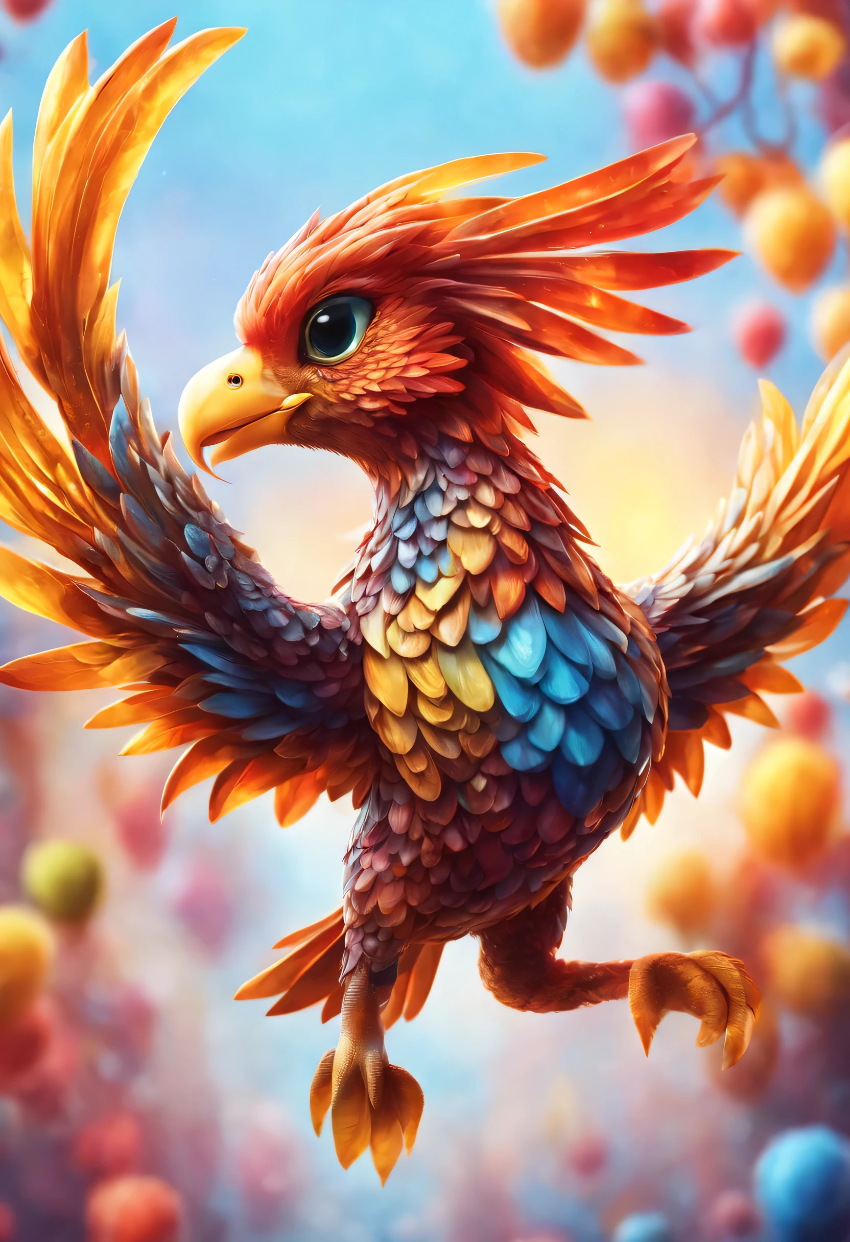 With realistic eyes and bright different colors、gorgeous little surreal phoenix, Chibi, Adorable and cute, Logo Design, cartoon, cinematic lighting effect, Charming, 3D vector art, Cute and quirky, Fantasy Art, Bokeh, handdraw, Digital Painting, Soft lighting, isometric style, 4K resolution, photo realistic render, highly detailed cleaning, Vector image, photo-realistic Masterpiece, Professional Photography, simple space scenery, isometric, Lively vectors
