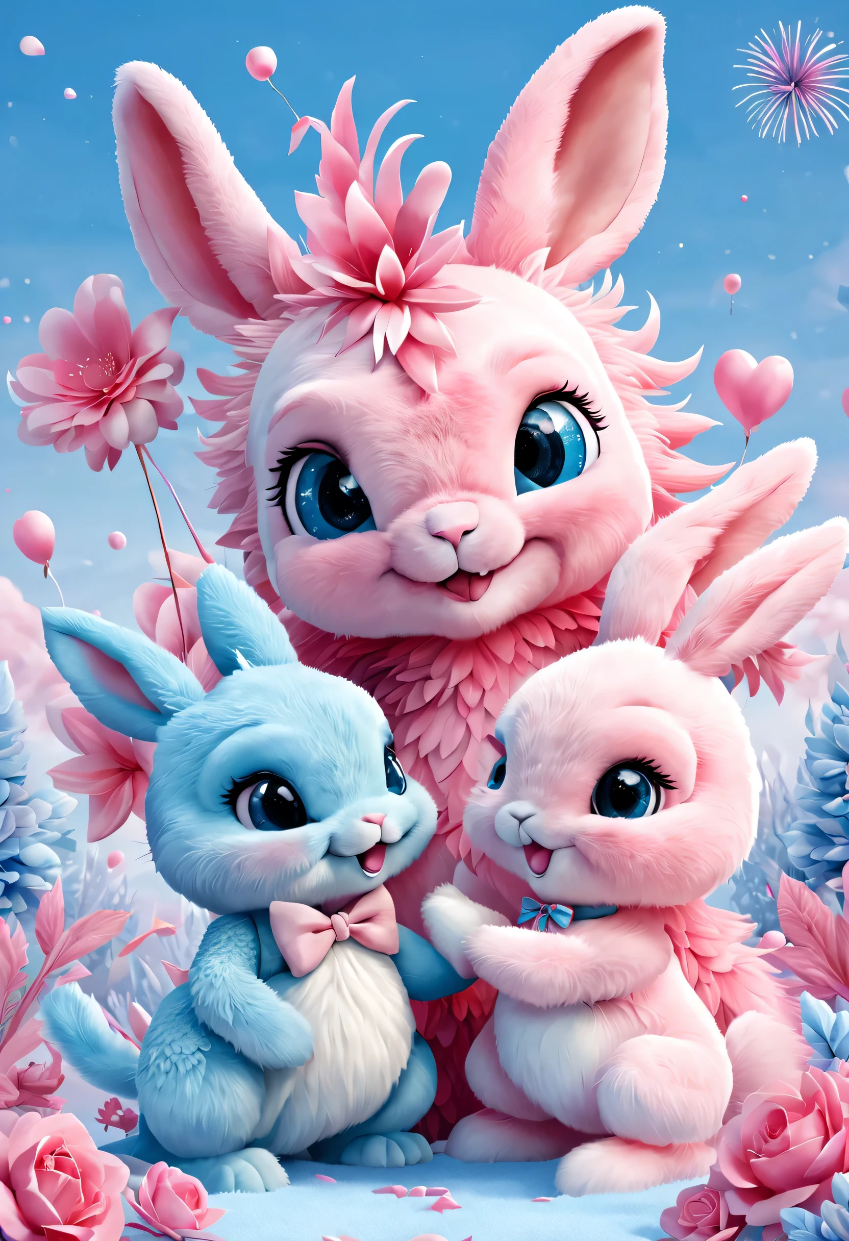 （2024 new year poster design），Pink and blue as main colors， (Cute and playful blue zodiac dragon is shaking hands with pink fluffy bunny）,Wearing beautiful makeup，Long eyelashes，a happy new year，，（2024），a a happy new year，fresh flowers，