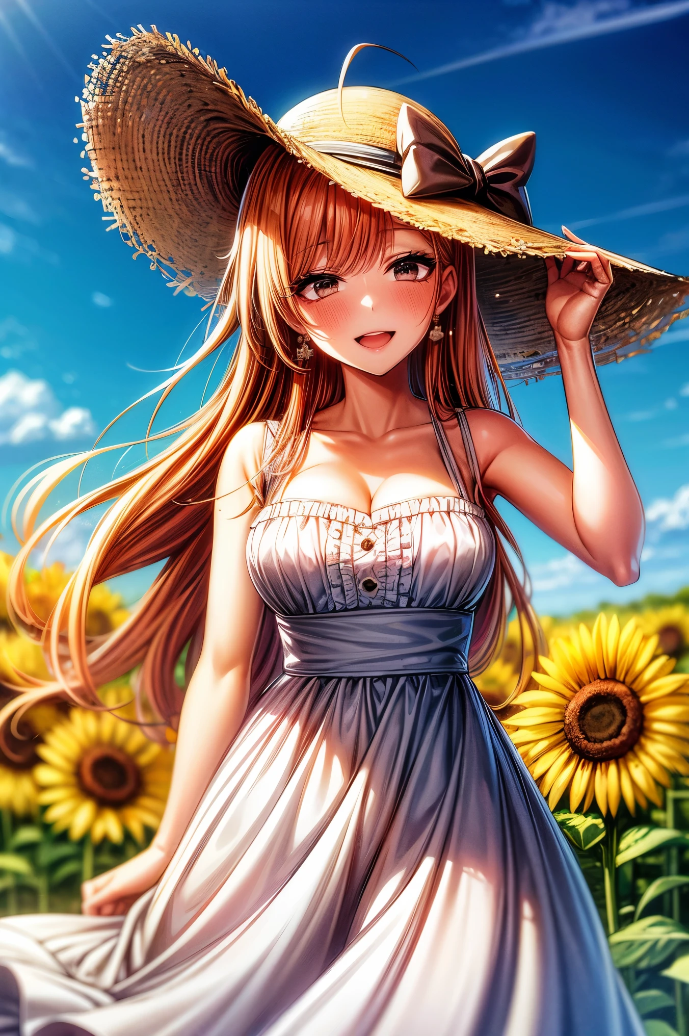 (shoujo-style:1.2), 1girl, (arisugawa natsuha), hair ornamnet, long hair, orange hair, ahoge, hat, solo, flower, dress, sunflower, outdoors, white dress, smile, long hair, looking at viewer, sky, bangs, breasts, open mouth, cloud, earrings, sundress, day, sun hat, blush, teeth, cleavage, :d, collarbone, jewelry, blue sky, straw hat, sleeveless dress, ribbon, summer, sleeveless, hand on headwear, upper teeth only, bare shoulders, bow, medium breasts, white headwear, field, yellow flower, hat ribbon, frilled dress, frills, standing, blurry, hat bow