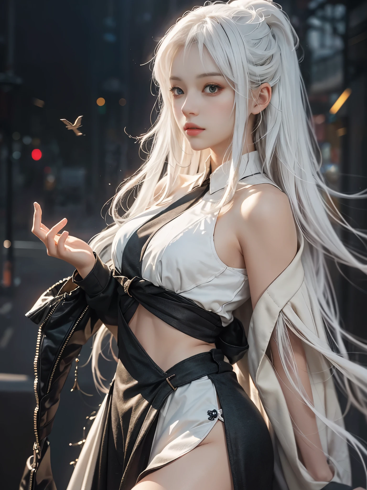 Close-up of woman with white hair and white mask、beautiful character painting、guweiz、Artwork in the style of Gwise、white haired god、Jan J、epic exquisite character art、Stunning character art、Fanchy、Uzunsifan、Guweiz on the Pixiv art station,Faces of reality,Real people,Photo quality,Real person footage captured on camera,Shooting from the waist up,Live-action feeling,Quite light clothing,see-through underware,