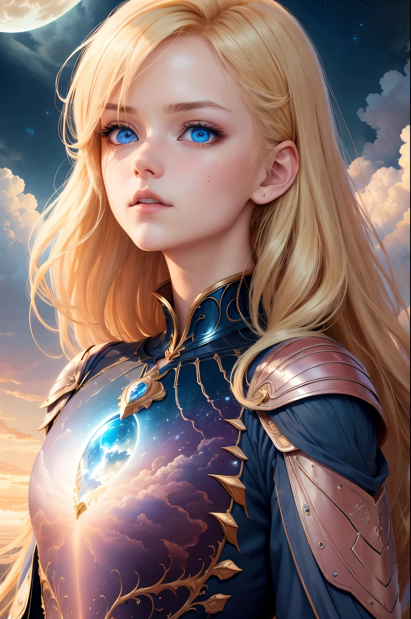 ((Best quality at best)), ((tmasterpiece)), (detailed), female titan, Blonde hair, short detailed hair, eBlue eyes, terrifying beauty, Inhabit the cloudantasy illustration:1.3), captivatinggaze, captivating posture, Delicate scars, otherworldly charm, mystical sky, (Royo:1.2), (Yoshitaka Amano:1.1), Moon Night, pastelcolor, (detailed cloudscape:1.3), (A high resolution:1.2)