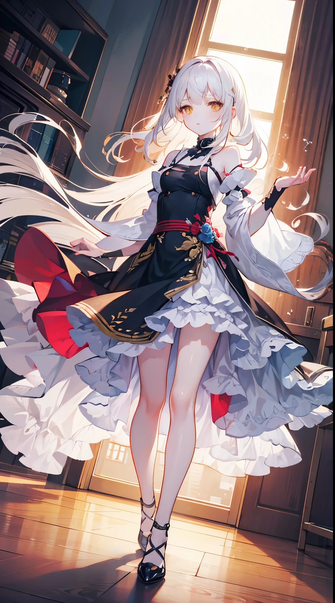 Very delicate and beautiful CG illustrations, bestquality, high-res, dynamic angle, Full length shot, (1girls), Yellow eyes and long straight white hair., Floating, Soft light, High-key backlight)
