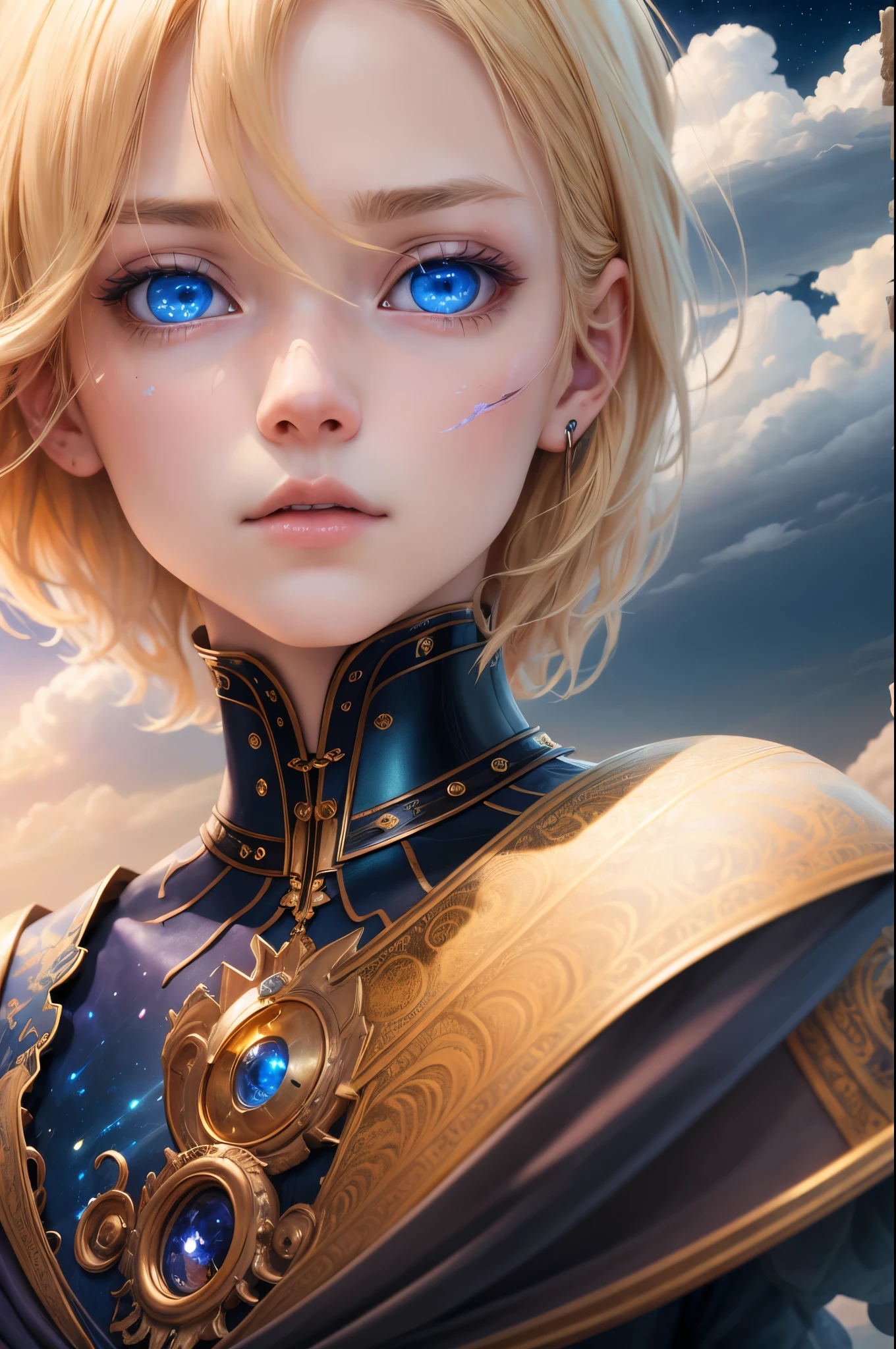 ((Best quality at best)), ((tmasterpiece)), (detailed), female titan, Blonde hair, short detailed hair, eBlue eyes, terrifying beauty, Inhabit the cloudantasy illustration:1.3), captivatinggaze, captivating posture, Delicate scars, otherworldly charm, mystical sky, (Royo:1.2), (Yoshitaka Amano:1.1), Moon Night, pastelcolor, (detailed cloudscape:1.3), (A high resolution:1.2)
