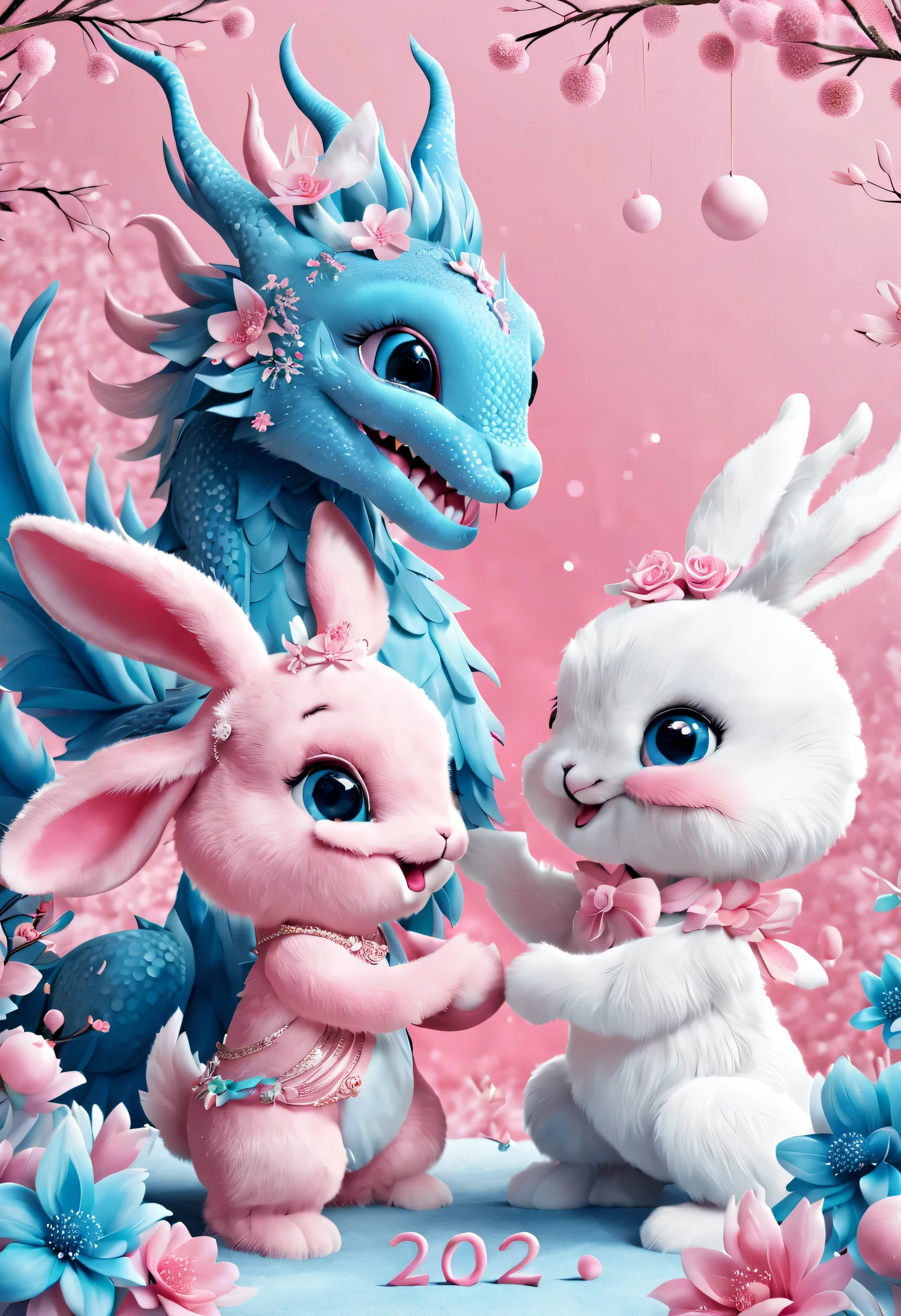 (2024 new year poster design),Pink and blue as main colors, (Cute and playful blue zodiac dragon is shaking hands with pink fluffy bunny),Wearing beautiful makeup,Long eyelashes,a happy new year,,(2024),a a happy new year,fresh flowers,