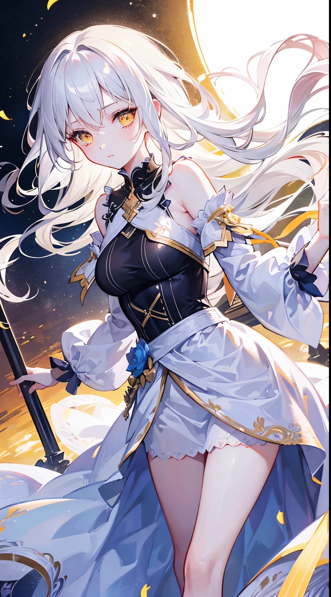 absurdres, RAW photo, extremely delicate and beautiful, masterpiece, Best Quality, ultra high resolution, 32k, hyperrealistic, ultra-detailed, detailed description, pale skin, 20 years old, detailed beautiful face and eyes, tearful mole, earring, very huge round breasts, short medium hair, wavy hair, (full body shot), alone, Mysterious nun, ((combat armor costume)), Weapons with a cross motif,