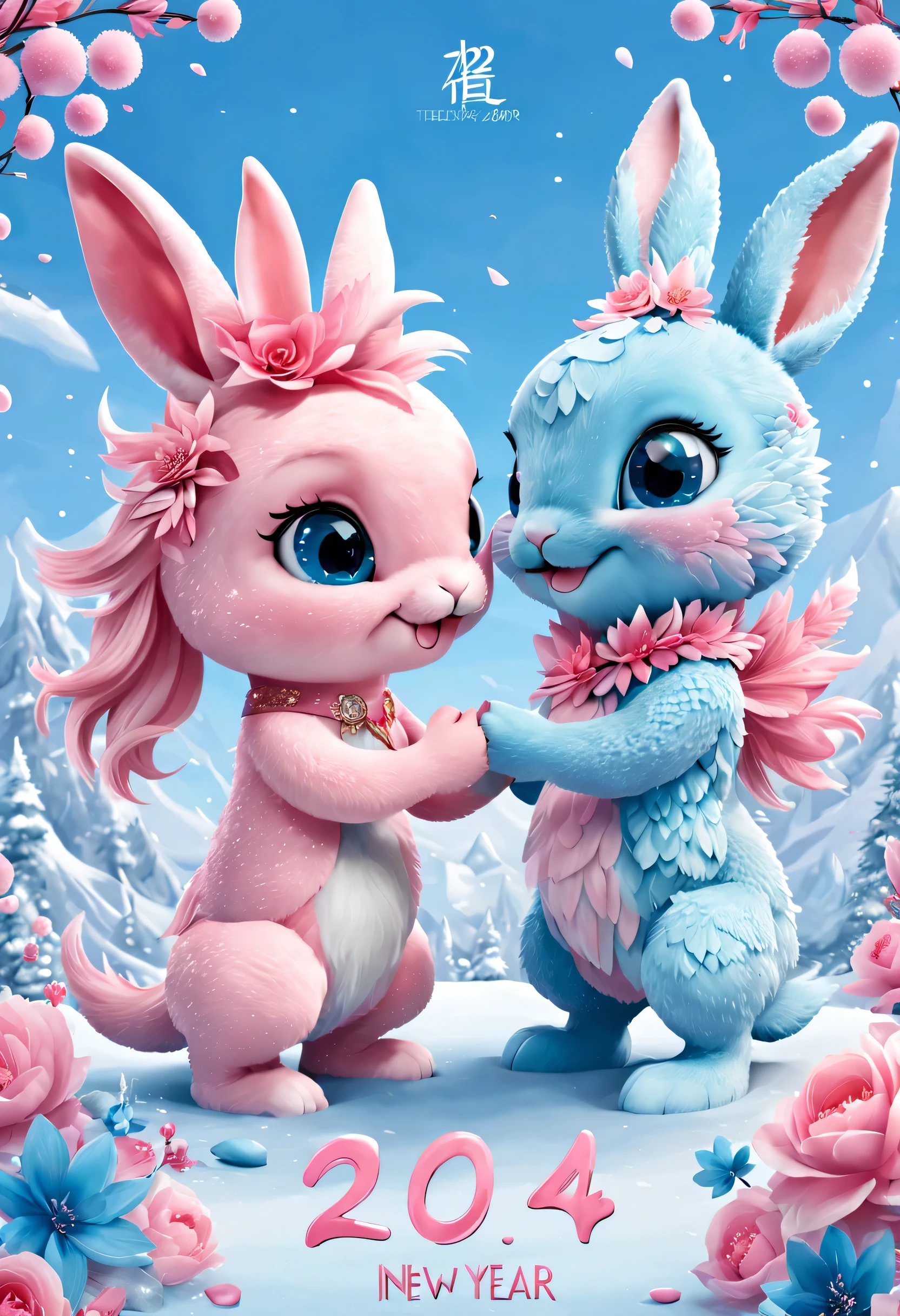 （2024 new year poster design），Pink and blue as main colors， (Cute and playful blue zodiac dragon is shaking hands with pink fluffy bunny）,Wearing beautiful makeup，Long eyelashes，a happy new year，，（2024），a a happy new year，fresh flowers，