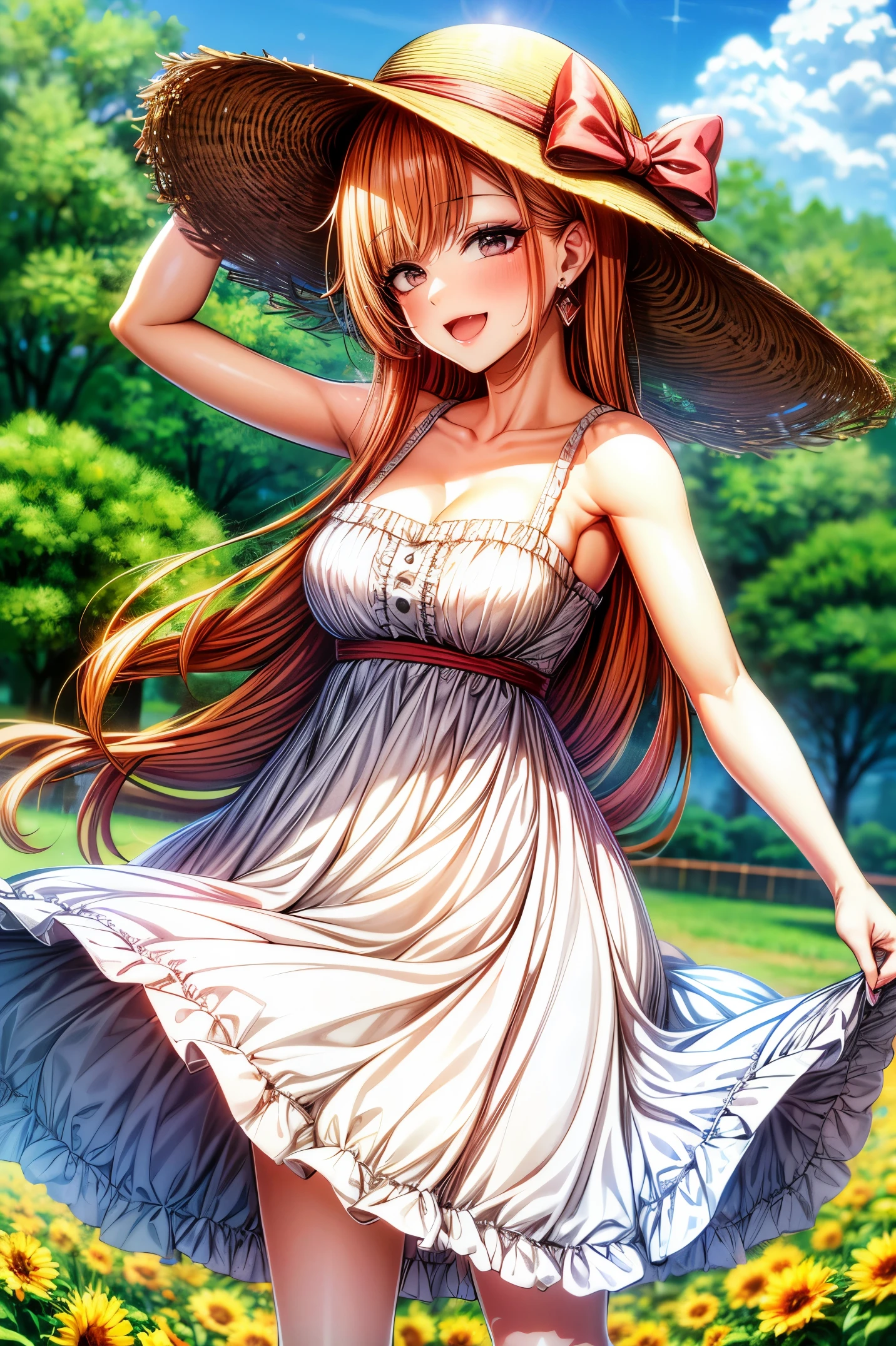 (shoujo-style:1.2), romance manhwa, 1girl, (arisugawa natsuha), hair ornamnet, long hair, orange hair, ahoge, hat, solo, flower, dress, sunflower, outdoors, white dress, smile, long hair, looking at viewer, sky, bangs, breasts, open mouth, cloud, earrings, sundress, day, sun hat, blush, teeth, cleavage, :d, collarbone, jewelry, blue sky, straw hat, sleeveless dress, ribbon, summer, sleeveless, hand on headwear, mature female, MILF, 30yo, bare shoulders, bow, medium breasts, white headwear, field, yellow flower, hat ribbon, frilled dress, frills, standing, blurry, hat bow