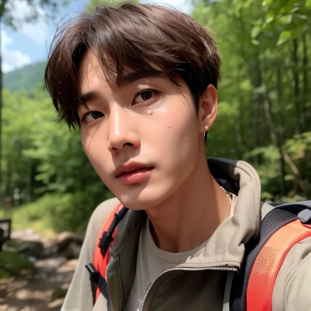 there is a man with a backpack on a forest trail, TaeJune Kim, Jungkook, Hyung Tae, com cabelos curtos, Kim Doyoung, headshot foto de perfilture, 8k!, foto de perfil, wan adorable korean face, 🚿🗝📝, foto de perfilture, Hong June Hyung, Inspirado em Jeonseok Lee, Bts, Wonbin Lee, Sul Coreano Masculino