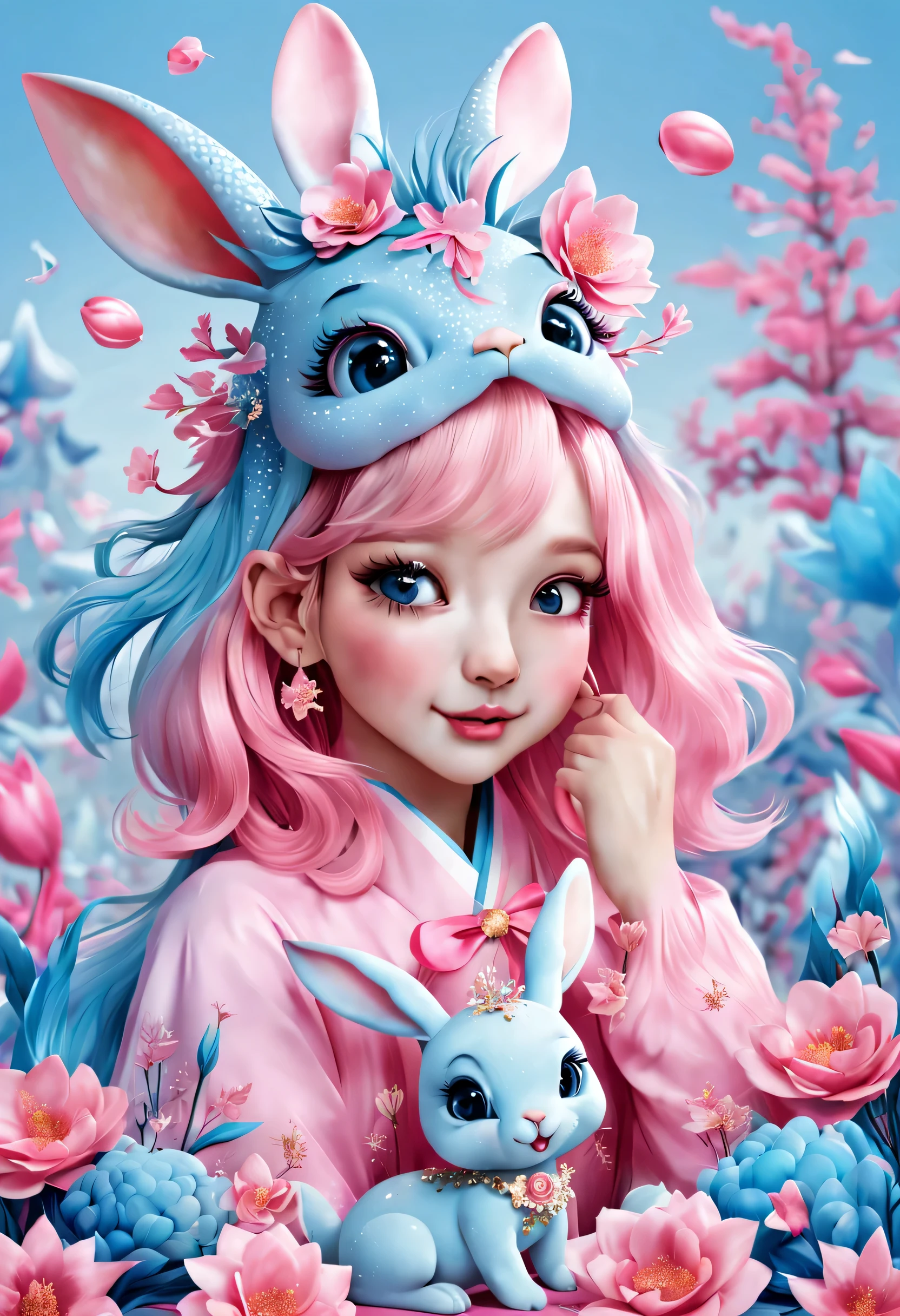 (2024 new year poster design),Pink and blue as main colors, (Cute and playful blue zodiac dragon and pink rabbit bowing),Wearing beautiful makeup,Long eyelashes,a happy new year,(2024), a happy new year,fresh flowers,