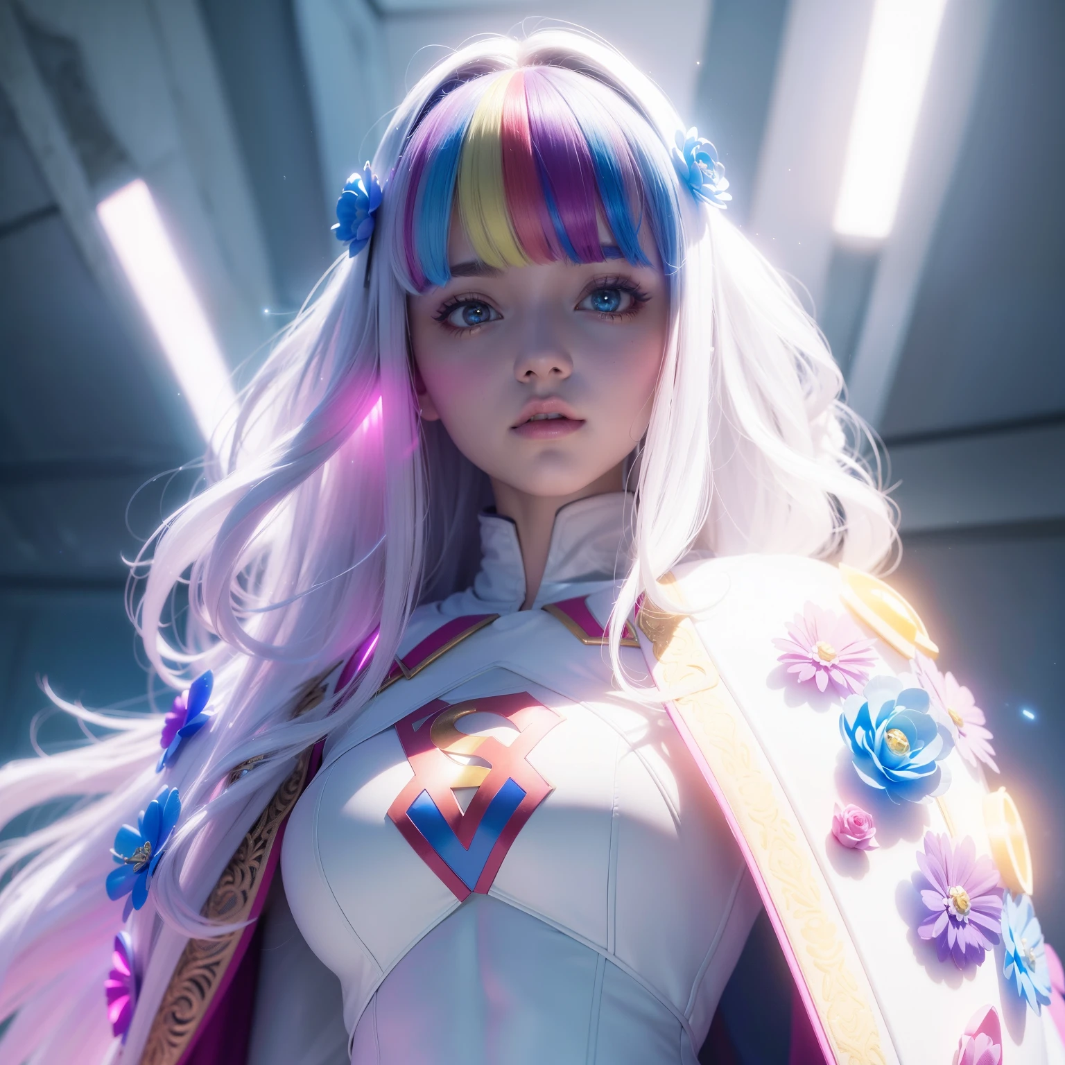 Bust to waist ((perfect beauty face)) perfect skin, hyperrealistic masterpiece, Superheroine girl ((fringe glowing colorful)) in extremely complex & superdetailed tight plugsuit ((with white cape)), cinematic illumination: 8k, (((flower aesthetic style::1)))