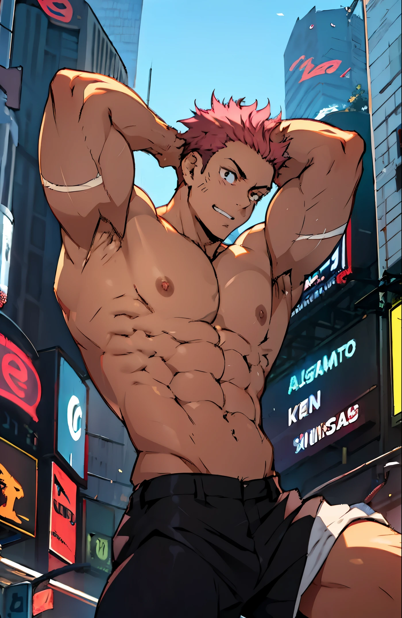 A mais alta qualidade, 8K, image high resolution, Detailed strokes, ultra detalhado, luz natural, Jujutsu Kaisen style dash, no meio de uma avenida movimentada estilo Times Square, muito sol, 夏天 , muito calor, apoiado em um dos postes, adolecente, Dark Pink Hair, no shirt  , masculo, swollen chest  , suado, (Angulo de Baixo), (Angulo Perto) , musculos amostra,  pernas definidas, defined arms, abdomen definido, no shirt, corpo suado por causa do calor, lindos corpo musculoso e definido, corpo detalhado