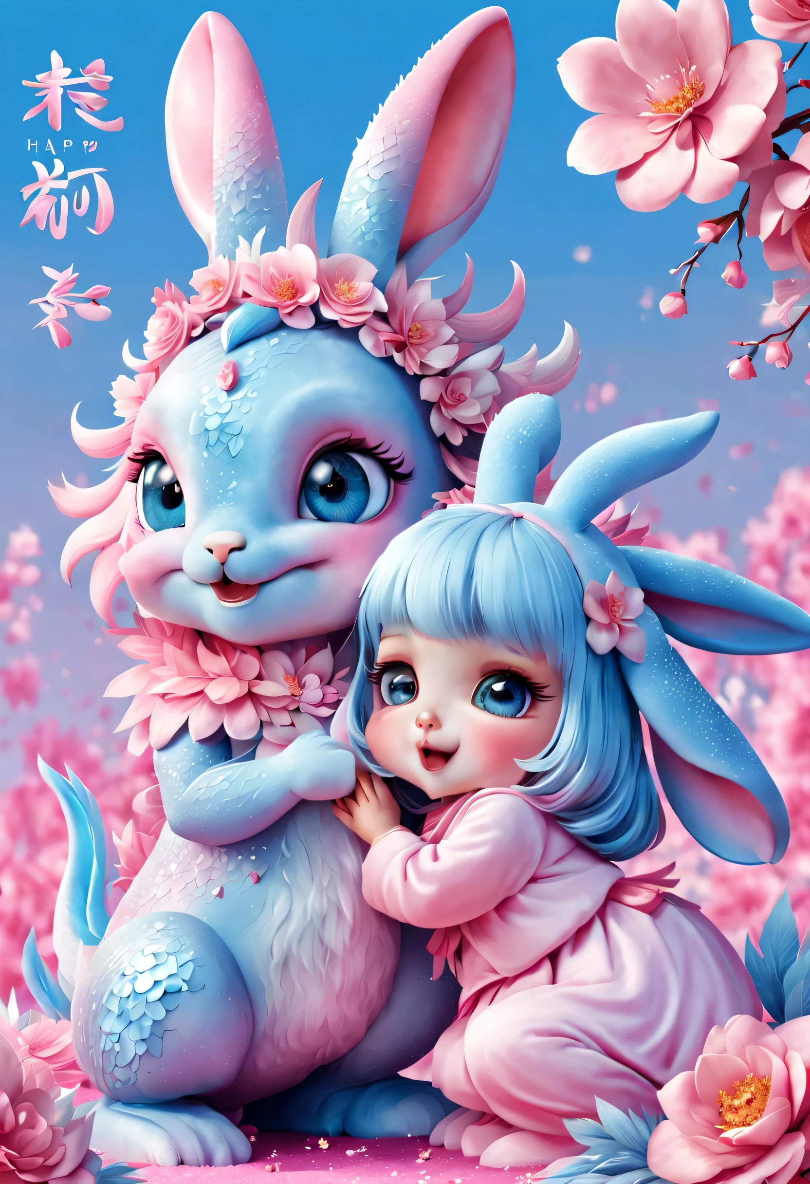 (2024 new year poster design),Pink and blue as main colors, (Cute and playful blue zodiac dragon and pink rabbit bowing),Wearing beautiful makeup,Long eyelashes,a happy new year,(2024), a happy new year,fresh flowers,