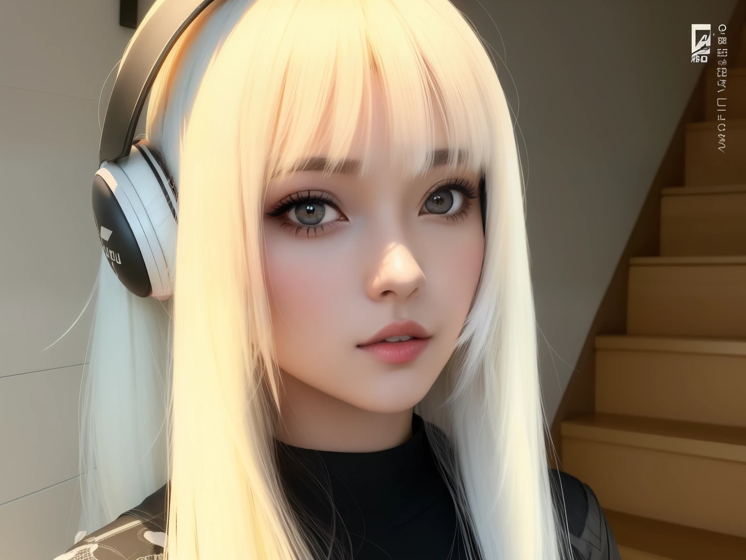chica de pelo rubio con auriculares y un top negro, Hermosa Delphine, Retrato realista kawaii, Chica de anime en la vida real, Anime hiperrealista, Kerli Koiv como Chica de anime, flequillo blanco, vibraciones de anime, Peinado blanco de corte hime, cabello rubio y ojos grandes, Chica androide perfecta, Lalisa Manobal, Inspirado en el anime, Obras de arte al estilo de Guweiz