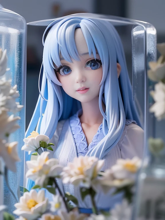 1 neat girl、Long blue hair、Beautiful clear bright blue eyes、Shy smile、Convenience store clerk 、 Comes in an acrylic box、Stand in it.、Surrounded by blue roses[Transparency]、[realisitic]、[。.3D]、[PVC][figma][(8K、Raw photography、最hightquality、​masterpiece:1.2)、超hight resolution、realisiticな、profetional lighting、detailedsな照明、professional photograpy、hightquality、hight resolution、very detailed loom、depth of fields、 Sketched、foco nítido、softlighting、detaileds、detailedsなスキン、to8contrast style。