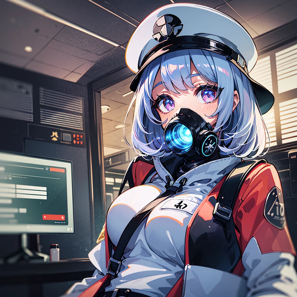 （（（​masterpiece、Top image quality、top-quality、highly detailed unity 8ｋwall-paper）））、（Illustration of one woman）、30-years old、（Viceroy）、（（Black hair bob cut））、（（（Gas mask covering the mouth）））、（（（Gas mask covering the mouth）））、Gray eyes、（（Tall））、（（huge tit））、（（Military uniforms））、（（Military Cap））、（（Military coat））、（white  clothes）、（White pants）、（White cap）、trench coat、（（（Sitting in the captain's seat）））、（（（Inside a futuristic spaceship、Surrounded by instruments and monitors、The Universe on the Monitor、Earth seen from space）））