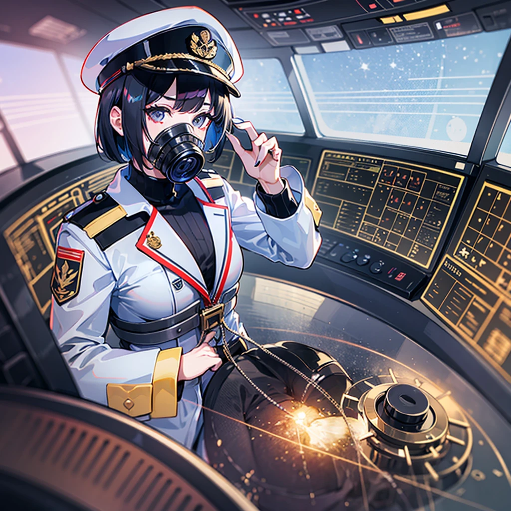 (((masterpiece、Top image quality、top-quality、highly detailed unity 8kwall-paper)))、(Illustration of one woman)、30-years old、(Viceroy)、((Black hair bob cut))、(((Gas mask covering the mouth)))、(((Gas mask covering the mouth)))、Gray eyes、((Tall))、((huge tit))、((Military uniforms))、((Military Cap))、((Military coat))、(white clothes)、(White pants)、(White cap)、trench coat、(((Sitting in the captain's seat)))、(((Inside a futuristic spaceship、Surrounded by instruments and monitors、The Universe on the Monitor、Earth seen from space)))