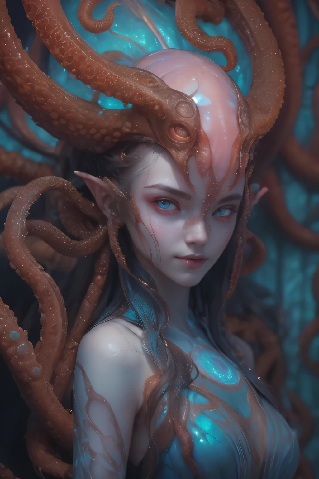 Portrait, (beautiful female alien:1.2), (she has red eyes with no pupils:1.8), (Translucent skin:1.7), (There is a female genital-like organ in the middle of the forehead.:1.9), (The most beautiful face in the history of the universe:1.2),an evil gaze that seduces, (large mouth:1.1), (sharp teeth like a vampire:1.2), Full body like, (bio luminescent:1.5), (Smile wickedly:1.3), (sexypose:1.5), alien, No humans, cells are fused, (Lots of translucent tentacles:1.3) extraterrestrial, cell, bio image, Best Quality, 8K,4K_quality, High Definition, Dramatic Lighting, masutepiece:1.5,cinematic quality, detail up, (Intricate details:1.2), High resolution, High Definition, drawing faithfully, (Thick eyebrows:1.2), Beautiful eyes with fine symmetry,(Highly detailed face and eyes:1.2), Intimate face, (Super detailed skin quality feeling:1.4), Perfect Anatomy, (Beautiful toned body:1.5), (Moist skin:1.2), No makeup, (dark circles:1.1), long canines, cinematic drawing of characters, ultra high quality model, cinematic quality, detail up, (Intricate details:1.2), High resolution, High Definition, drawing faithfully, Official art, Unity 8K wall , 8K Portrait, Best Quality, Very High resolution, ultra detailed artistic photography, midnight aura, unreal enginee 5, Ultra Sharp Focus, art by alberto seveso, ArtGerm, Roisch, intricate artwork, best quality, masutepiece, ultra High resolution, (photos realistic:1.4), Ultra-realistic realism, dream-like, nautilus, Creation of fantasy, Snail, Dream Snail, biopunk nautilus, Thrilling color schemes, Ultra-realistic realism, seductively smiling, Blue tentacles,