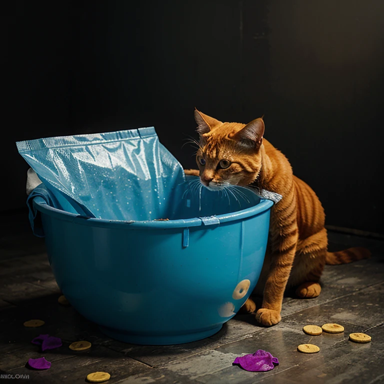An Orange cat vomiting blue liquid next to a purple chips  bag.