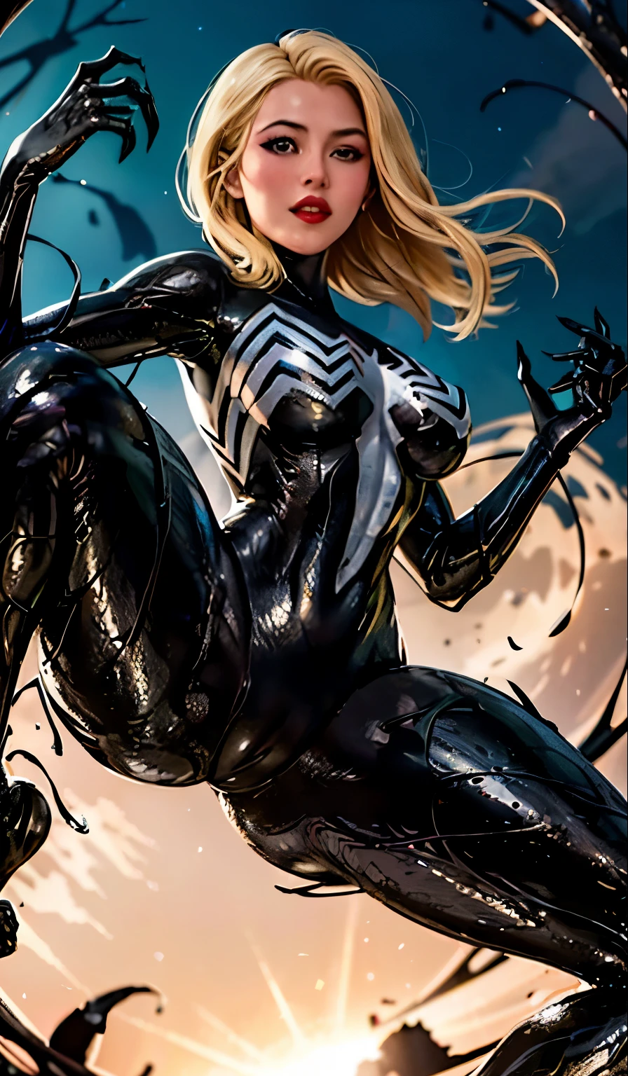 4K，realisticlying，Glamorous，The  very detailed，There  a girl in Dingcheng，Blonde hair，Wearing a black Spider-Man costume，（Black and white：1.4） the night,symbiote，venomize，a large amount of mucus,she  a spiderman，Black superhero theme，In front of the sky，Flushed complexion，( Open legs， camel-toe，， Vulvar shape：1.3）,(GGCameltoe:1.3)Legs apart，25 age old，full bodyesbian